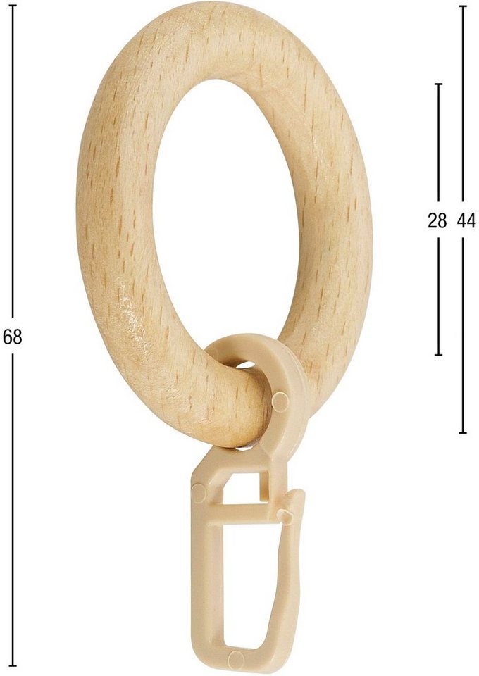 Gardinenring Holzring mit Haken, GARESA, (20-St), für Durchmesser bis 20mm, einfache  Montage, für Stangen bis zu einem Durchmesser von 20 mm geeignet