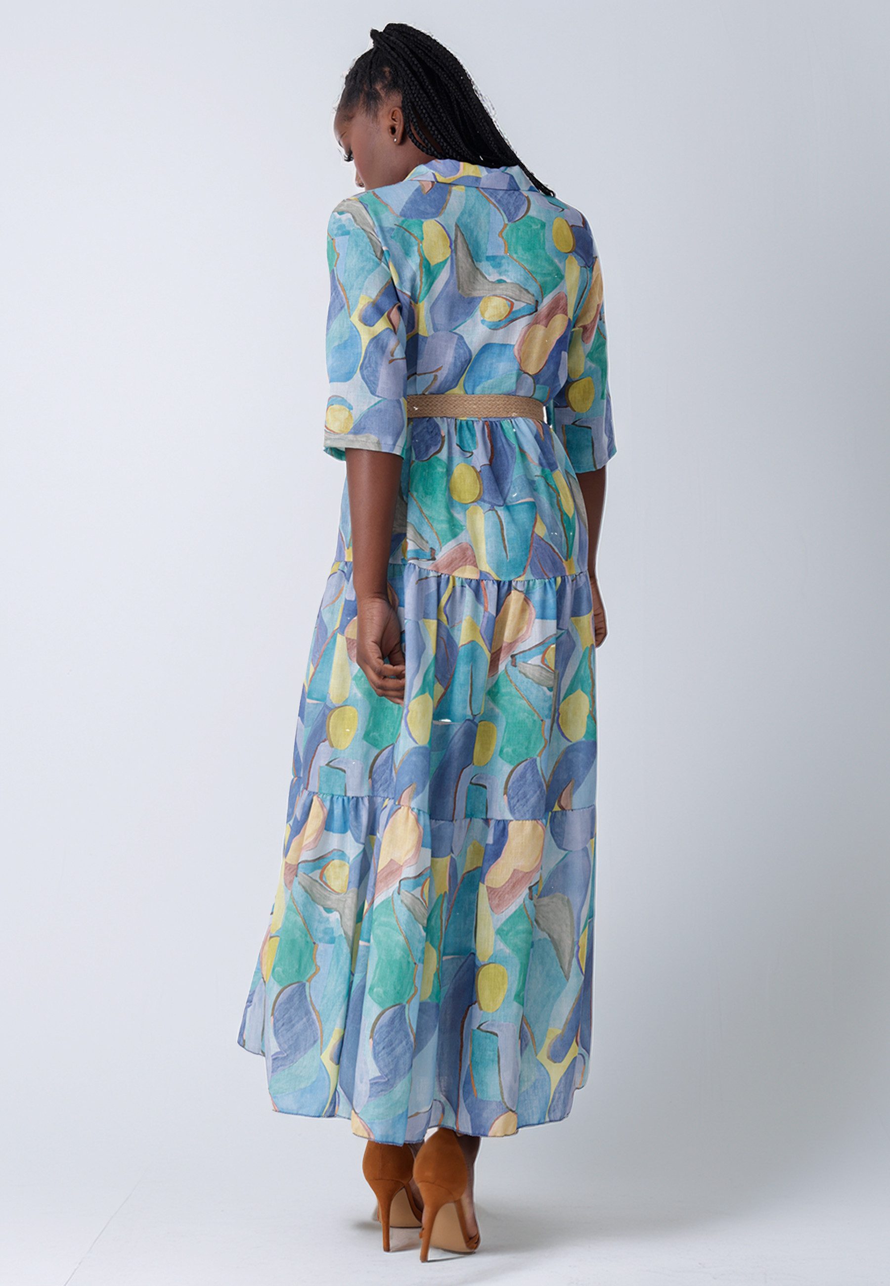 YC Fashion & Style Maxikleid Leinenkleid mit Bindegürtel & Stufenrock mit Alloverdruck
