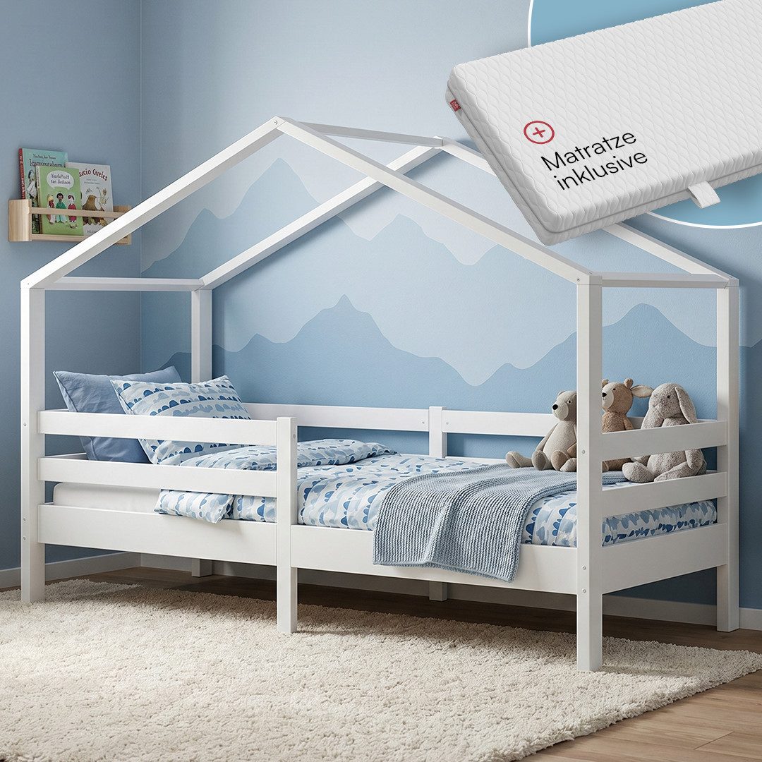 Bellabino Hausbett Abia Kinderbett mit Lattenrost und Rausfallschutz (weiß, mit Matratze), Kinderbett 90x200 cm, verfügbar in verschiedenen Ausführungen