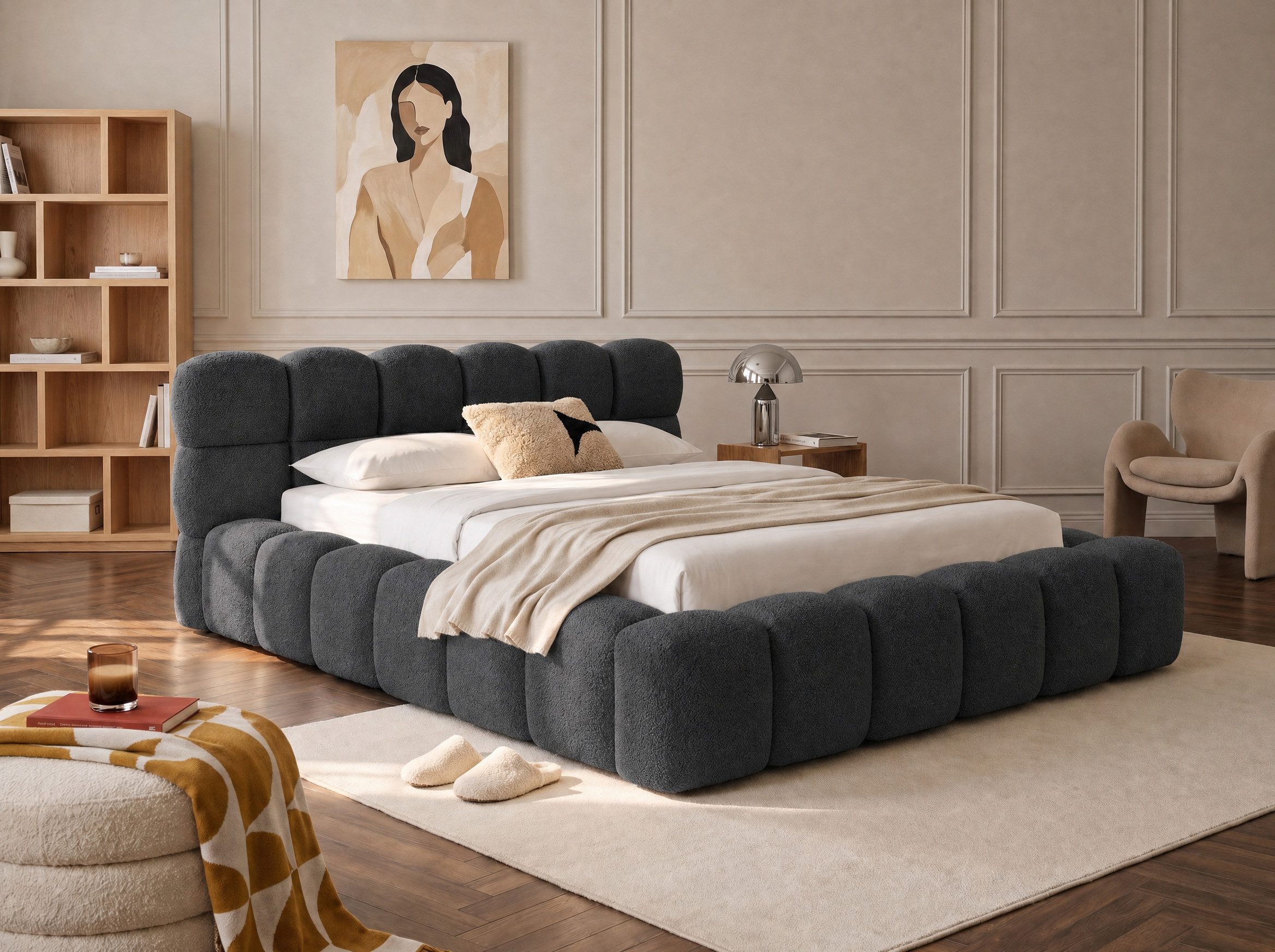 wonello Polsterbett Mira (das Original), Bett mit Bettkasten und Lattenrost – eleganter Boucle-Stoff