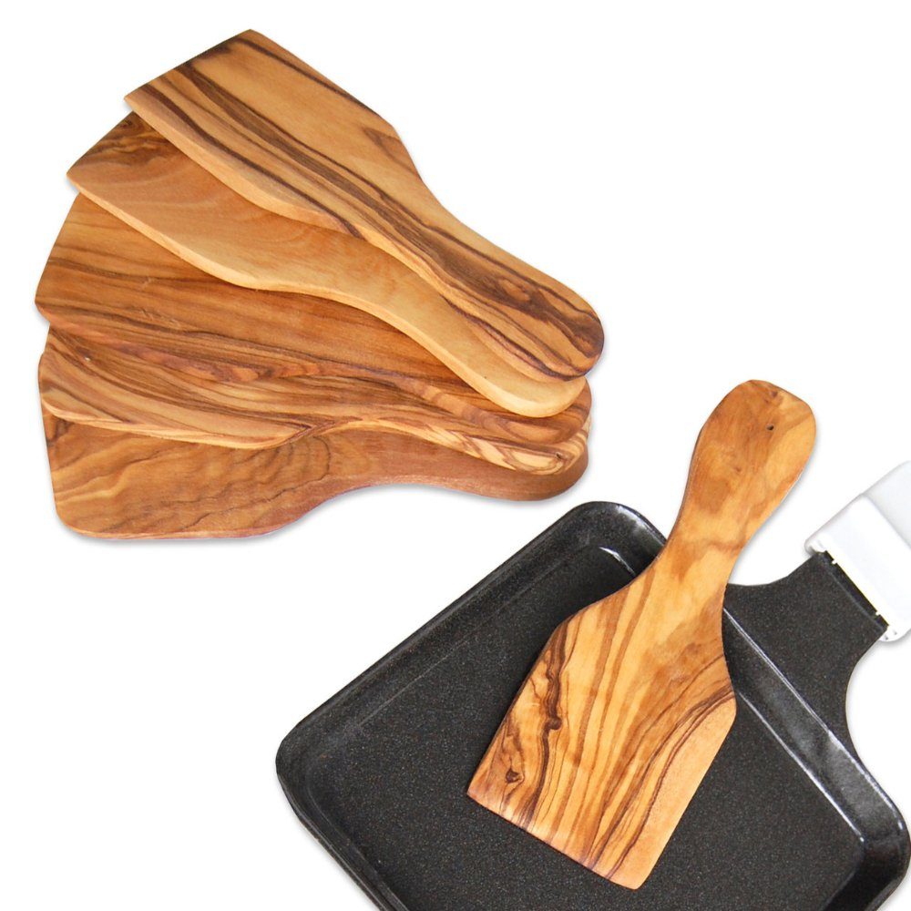Olivenholz-erleben Grillbesteck-Set Raclette-Schaber aus Olivenholz – Pfännchen schonend, 6er Set, (Packung, 6 tlg), Beschichtungen schützen, kratzfrei wenden & schaben mit Naturholz