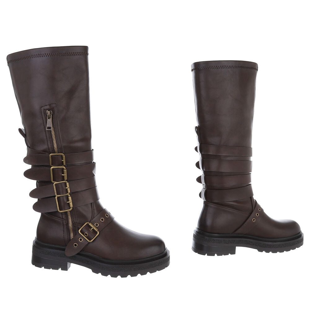 Ital-Design Hochwertige Damenstiefel mit Schnallen und Reißverschluss Plateaustiefel (90471359) Blockabsatz Stiefel in Braun – Bild 4 von 5