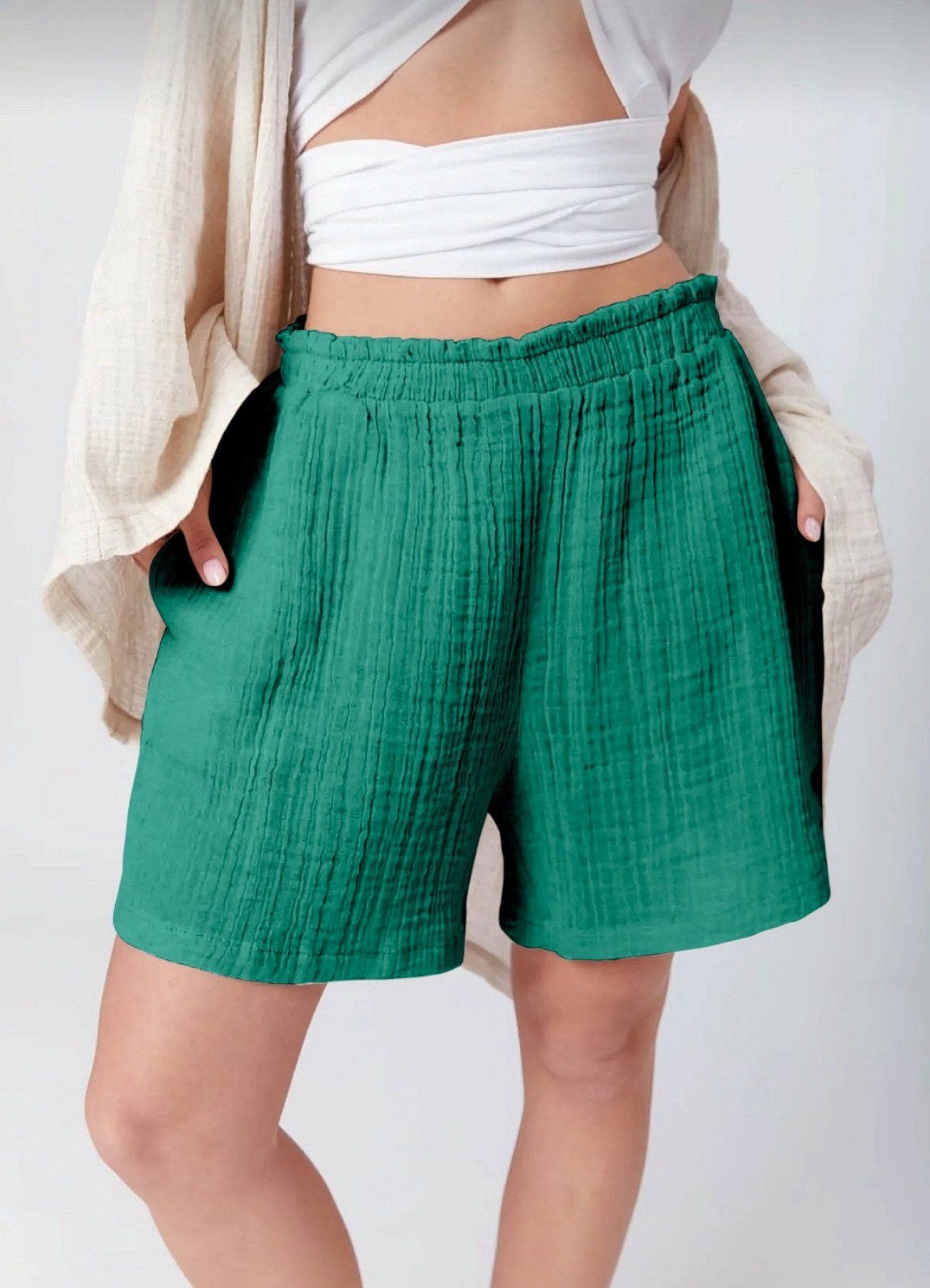 fashionshowcase Shorts Shorts Damen Palazzo-Shorts aus Musselin - Sommerhose 100% Baumwolle leicht und luftig