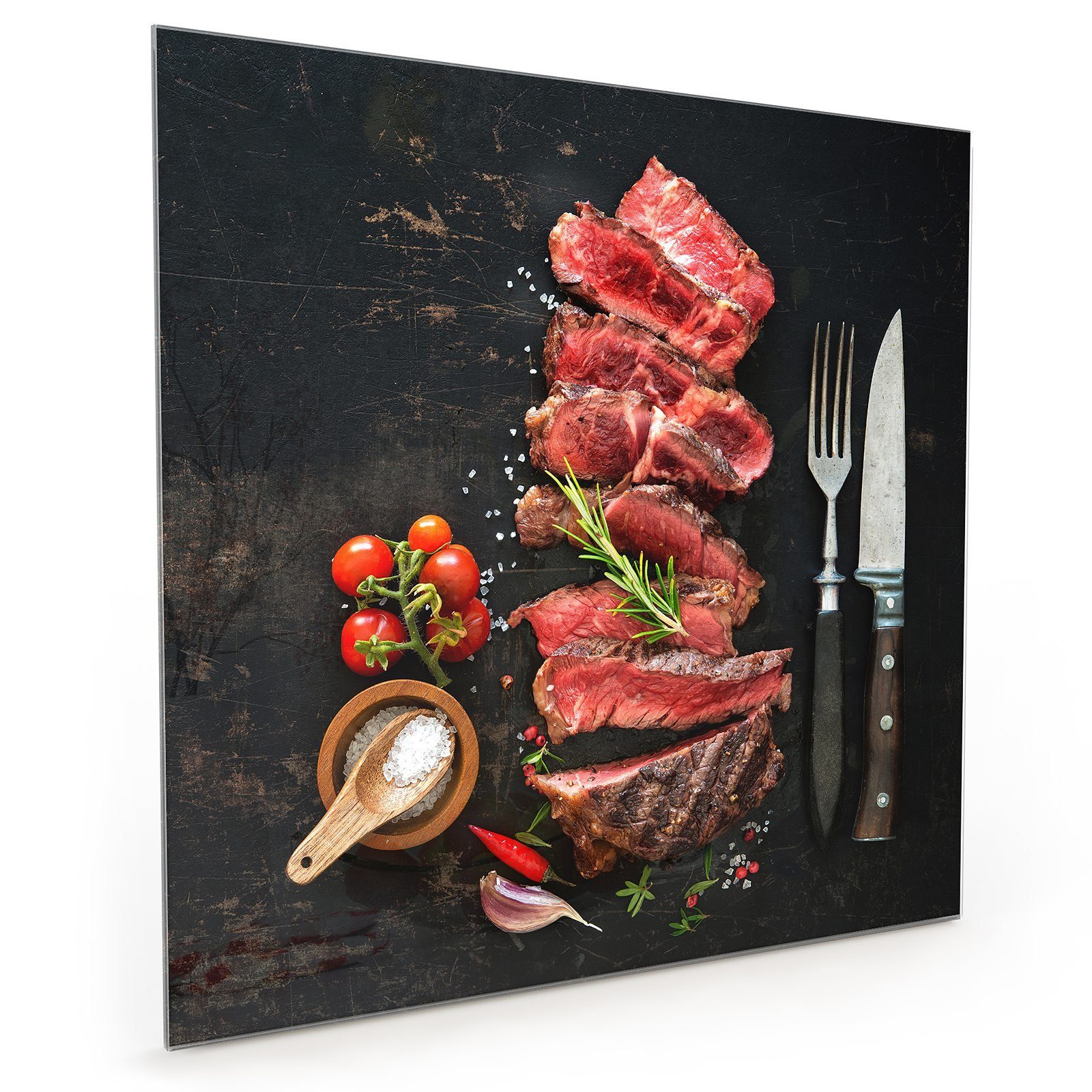 Primedeco Küchenrückwand Küchenrückwand Spritzschutz Glas mit Motiv Ribeye Steak auf Platte