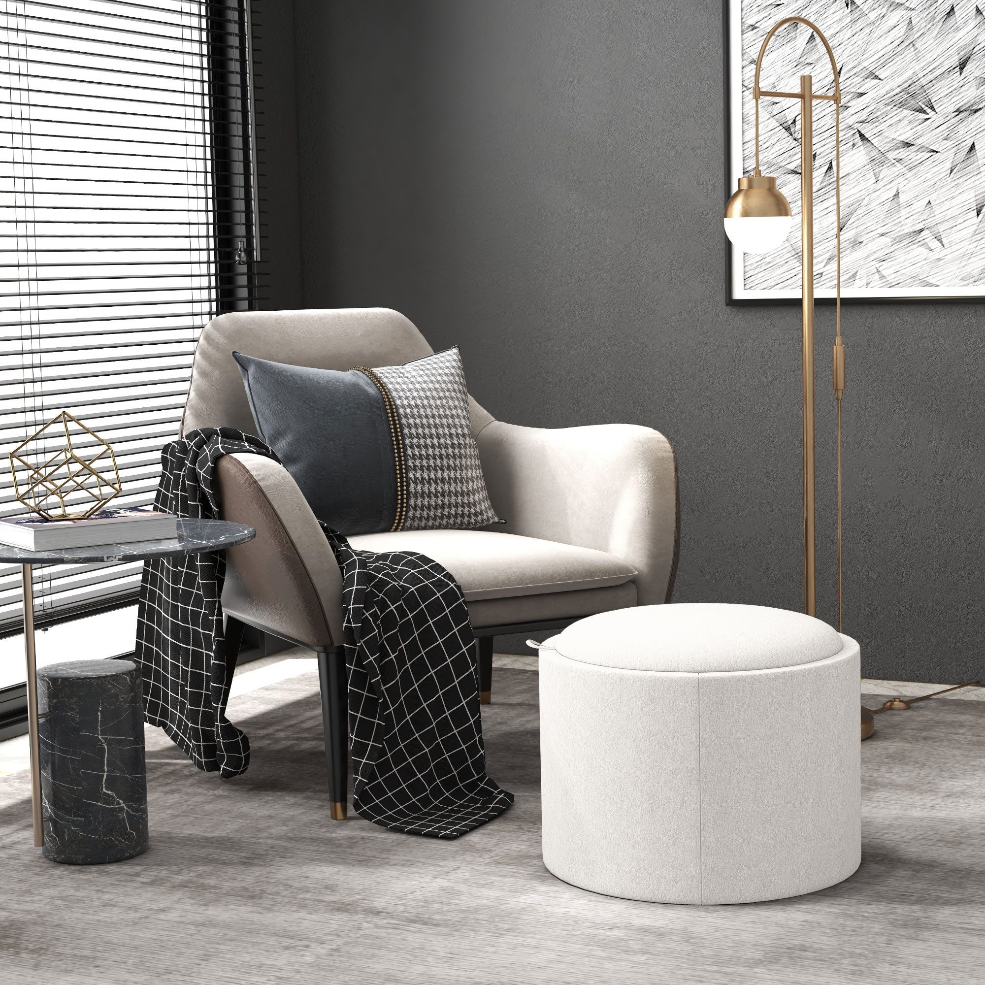 HOMCOM Sitzhocker Runder Hocker Couchtisch mit Klappdeckel (56 x 42 x 42 cm Runder Fußhocker mit Leinenoptik, 1 St., Polsterhocker mit Stauraum), für Wohnzimmer, Schlafzimmer, Cremeweiß