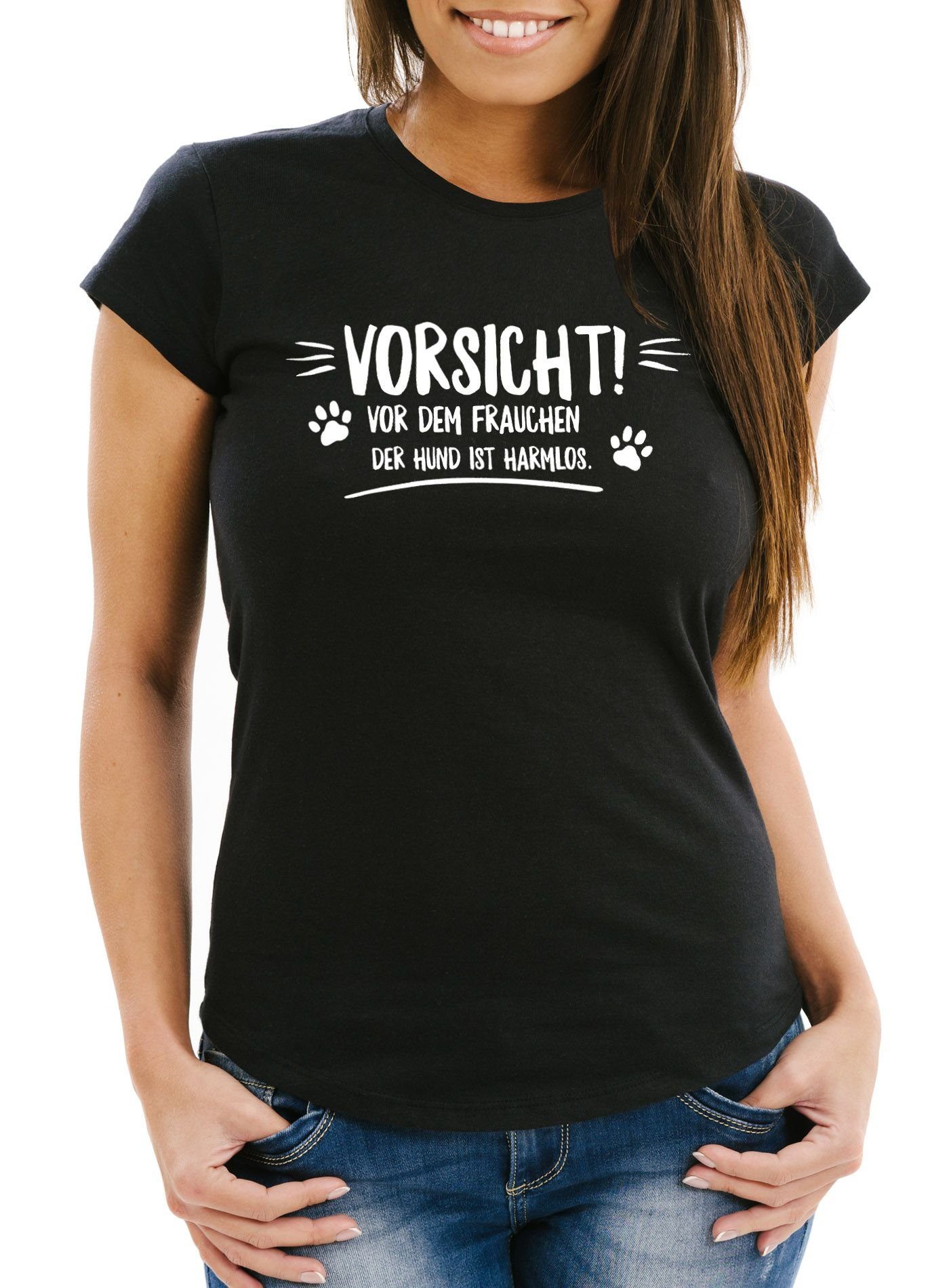 Frauchen MoonWorks der T-Shirt Moonworks® ist Fit Print-Shirt harmlos! Print Damen Hund Vorsicht vor dem Slim mit