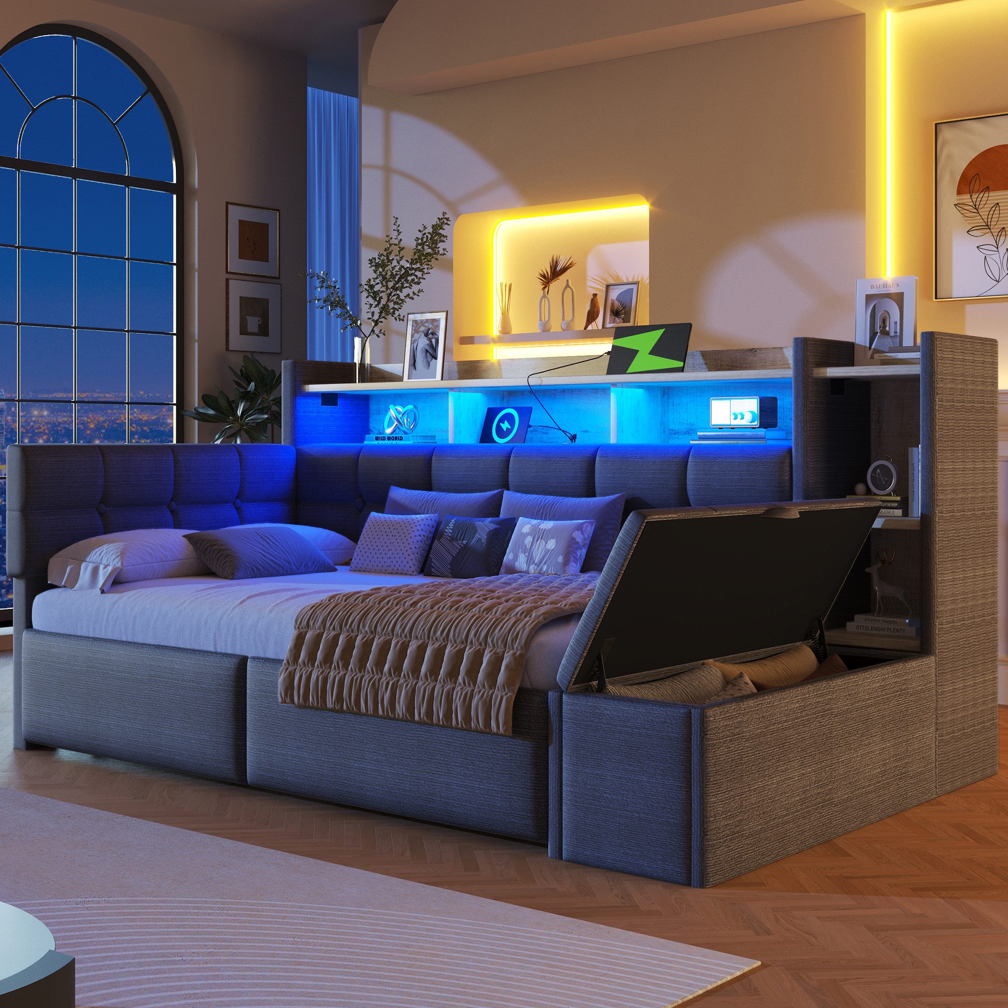 Flieks Daybett, Polsterbett 90×190cm mit LED, Aufladen, 2 Schubladen und Po günstig online kaufen