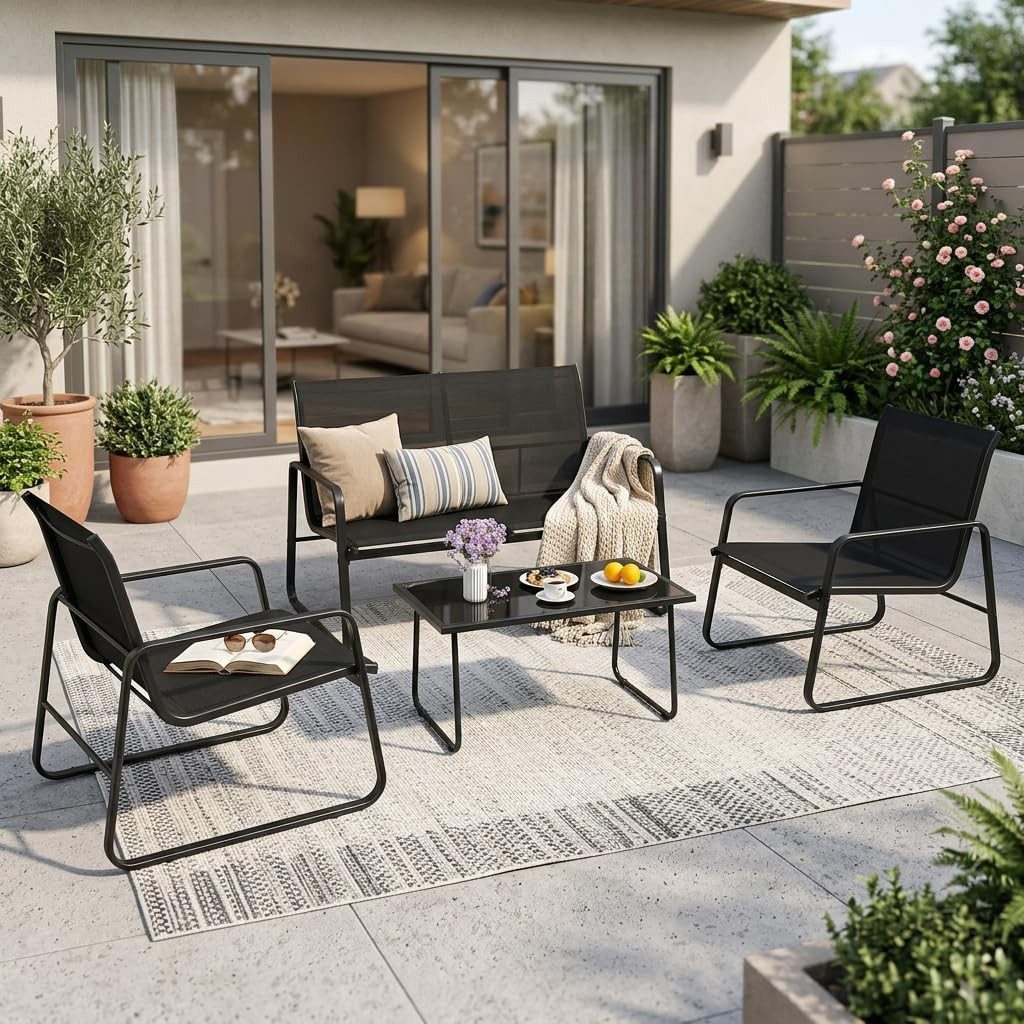 GOTLAND Gartenlounge-Set 4-teiliges Gartenmöbel-Set, Gartentisch und Stühle mit Zweisitzer, (Set, 4-tlg), atmungsaktiver Stoff & Stahlrahmen für Hinterhof, Balkon, Terrasse