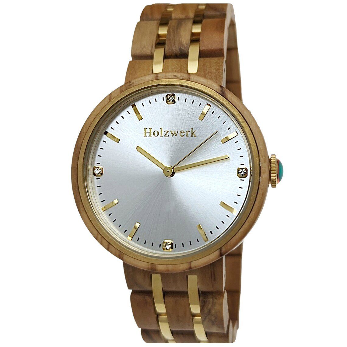 Holzwerk Quarzuhr LEBUS edle Damen Strass Holz Armband Uhr, beige braun, gold & silber