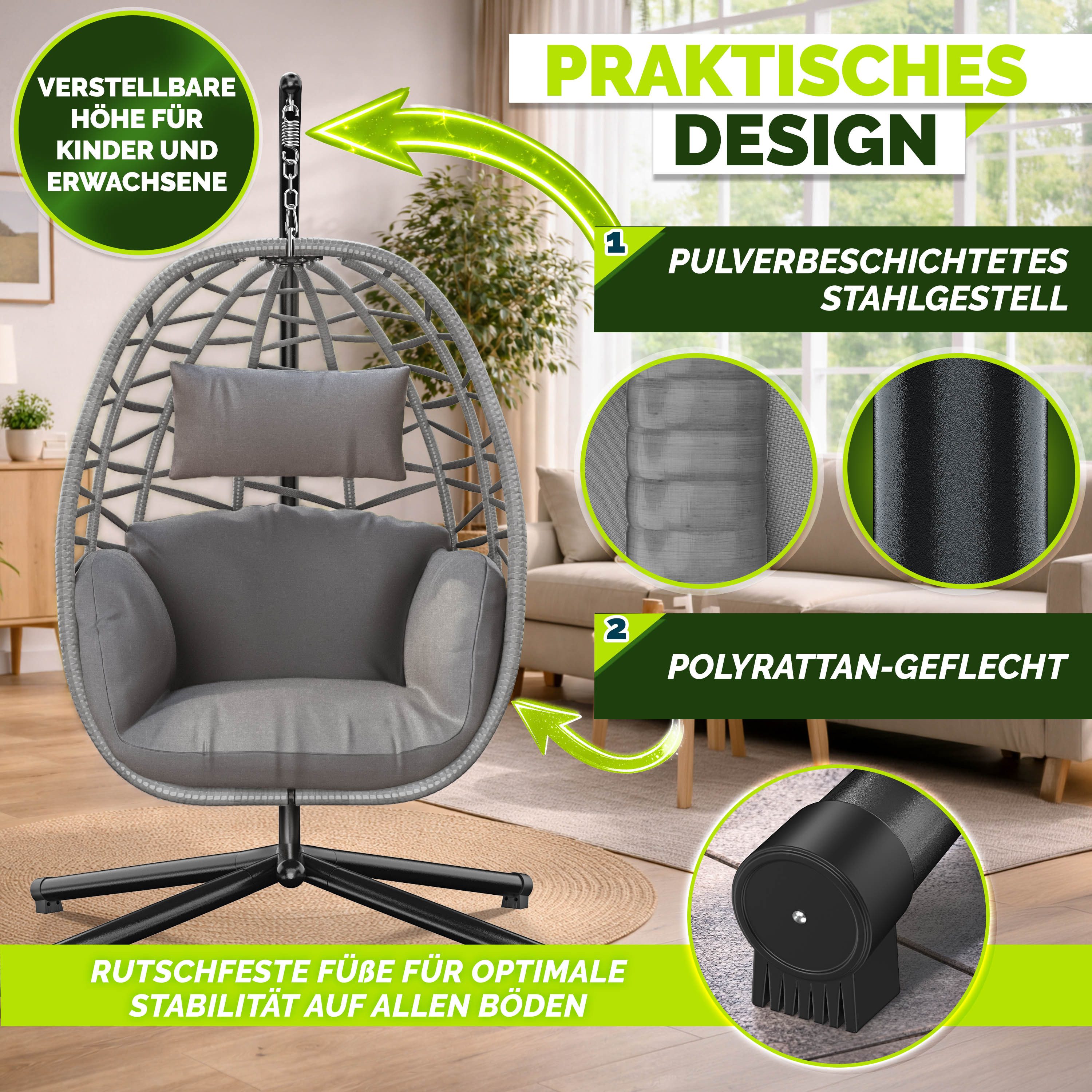 tillvex Hängesessel tillvex® Swivo Hängesessel mit Gestell inkl. wetterfester Abdeckung (Hängekorb klappbar bis 150 kg, Hängesitz aus Rattan, Hängestuhl für Ind – Bild 5 von 5