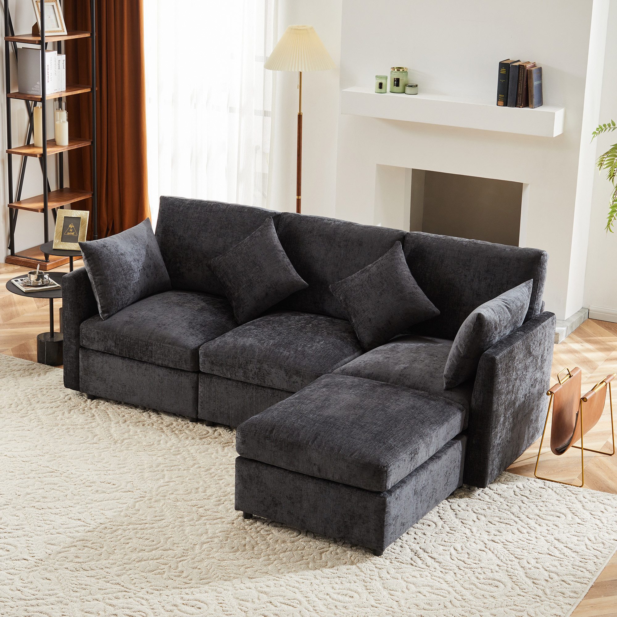 i@home 3-Sitzer L‑förmiges Ecksofa, mit beweglichem Hocker und 4 Chenille‑Kissen, Grün/Grau/Beige