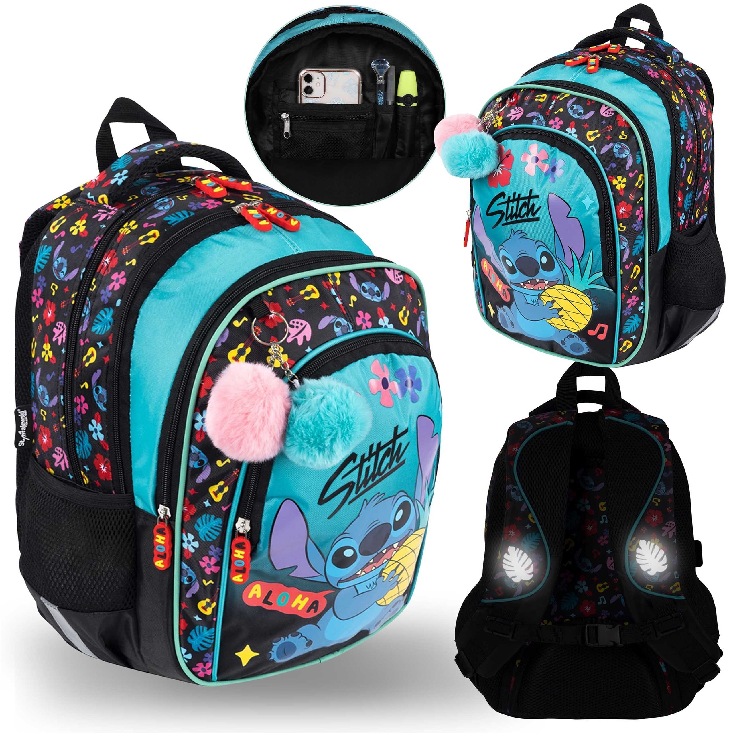 Disney Schulrucksack DISNEY Stitch Schulrucksack für Mädchen, 4 Fächer, Reflektoren