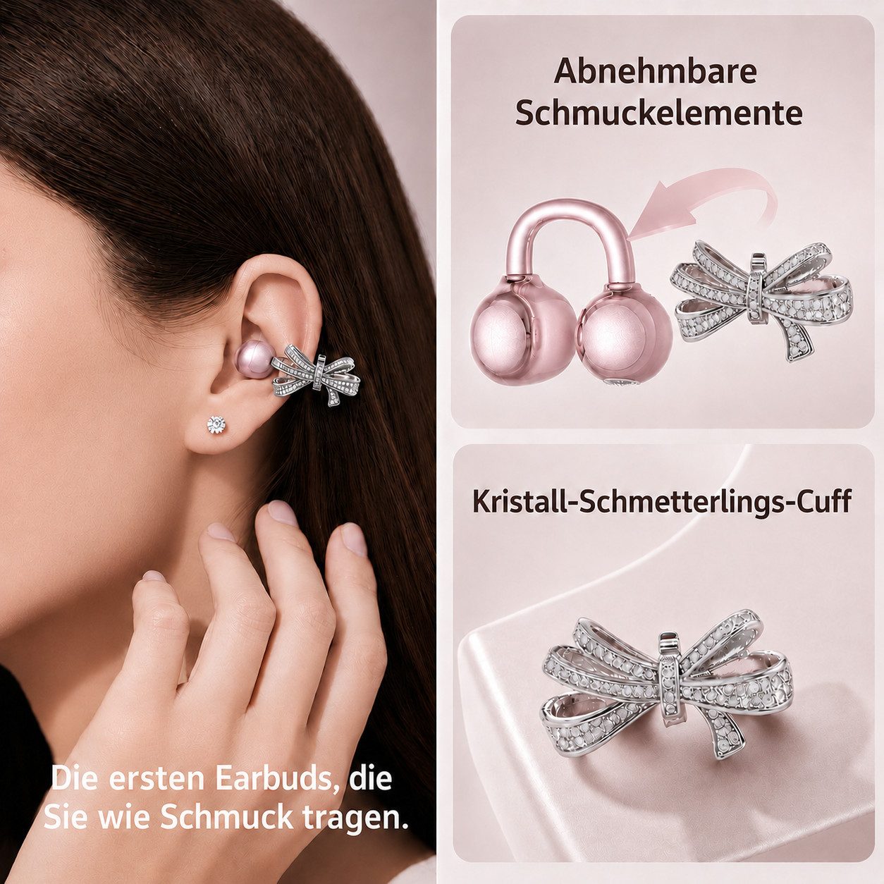 Futicare Bluetooth 6.0 Clip-On-Kopfhörer mit abnehmbarem Deko-Element, Open-Ear-Kopfhörer (kabellose Earbuds mit 60 Std.IPX5, KI-Mikrofon, Geschenkidee für sie)