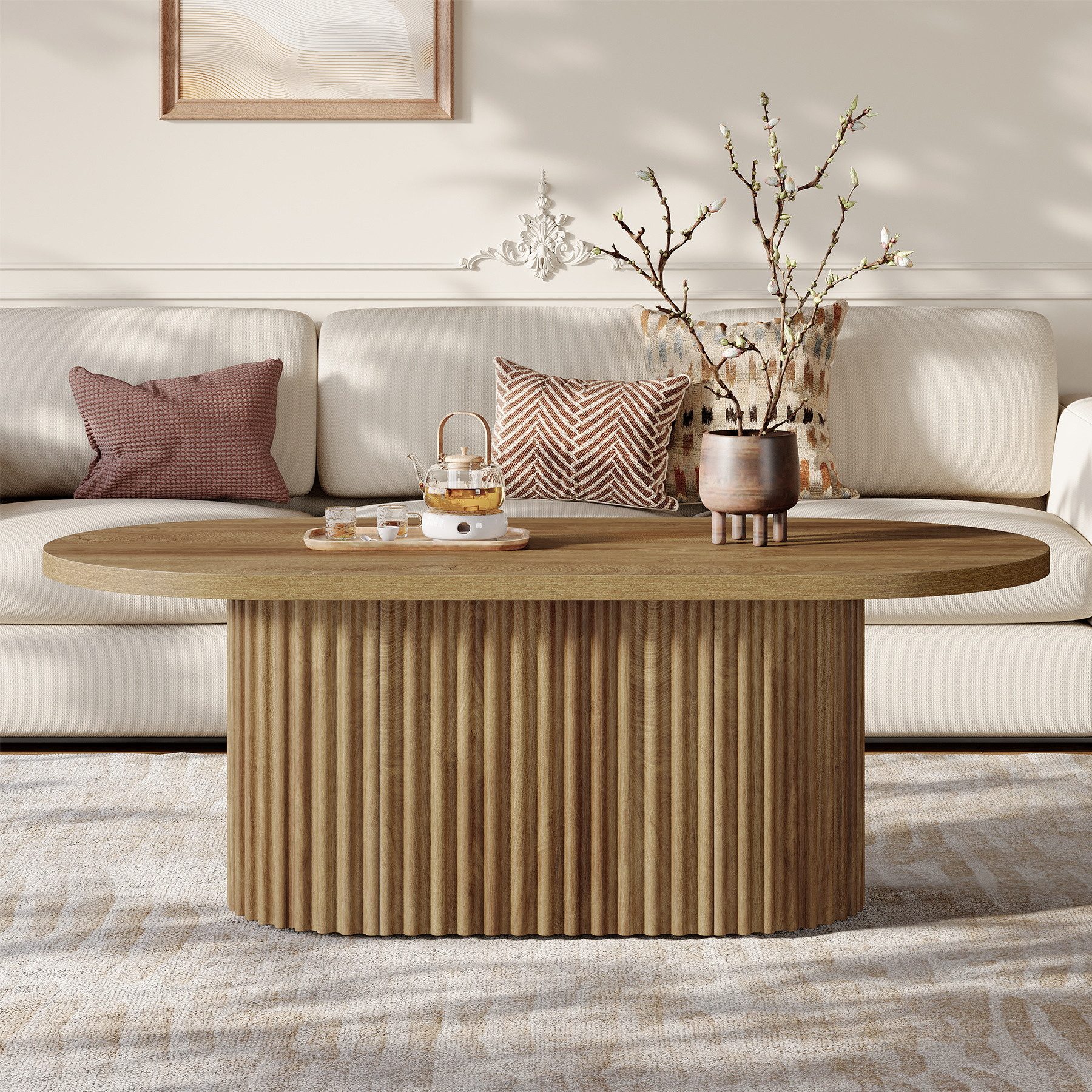 Tribesigns Couchtisch Ovaler Couchtisch, 120 cm langer Holztisch mit geriffeltem Design