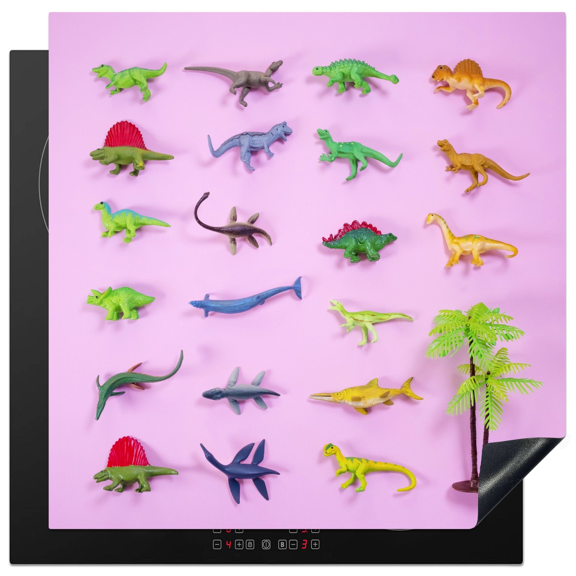 MuchoWow Herdblende-/Abdeckplatte Dinosaurier - Pflanze - Spielzeug, Vinyl, (1 tlg), 78x78 cm, Ceranfeldabdeckung, Arbeitsplatte für küche
