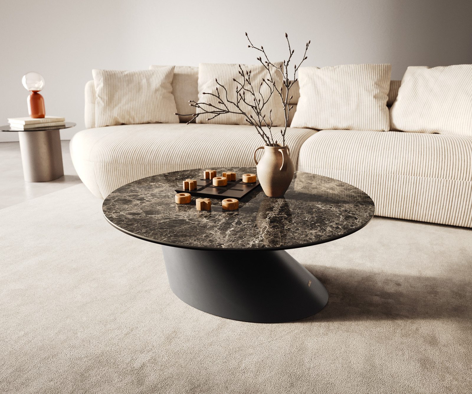 DELIFE Couchtisch Edge, Rund 90x90 cm Keramik Emperador Extra Lucidato Dunkelbraun Conis Metal
