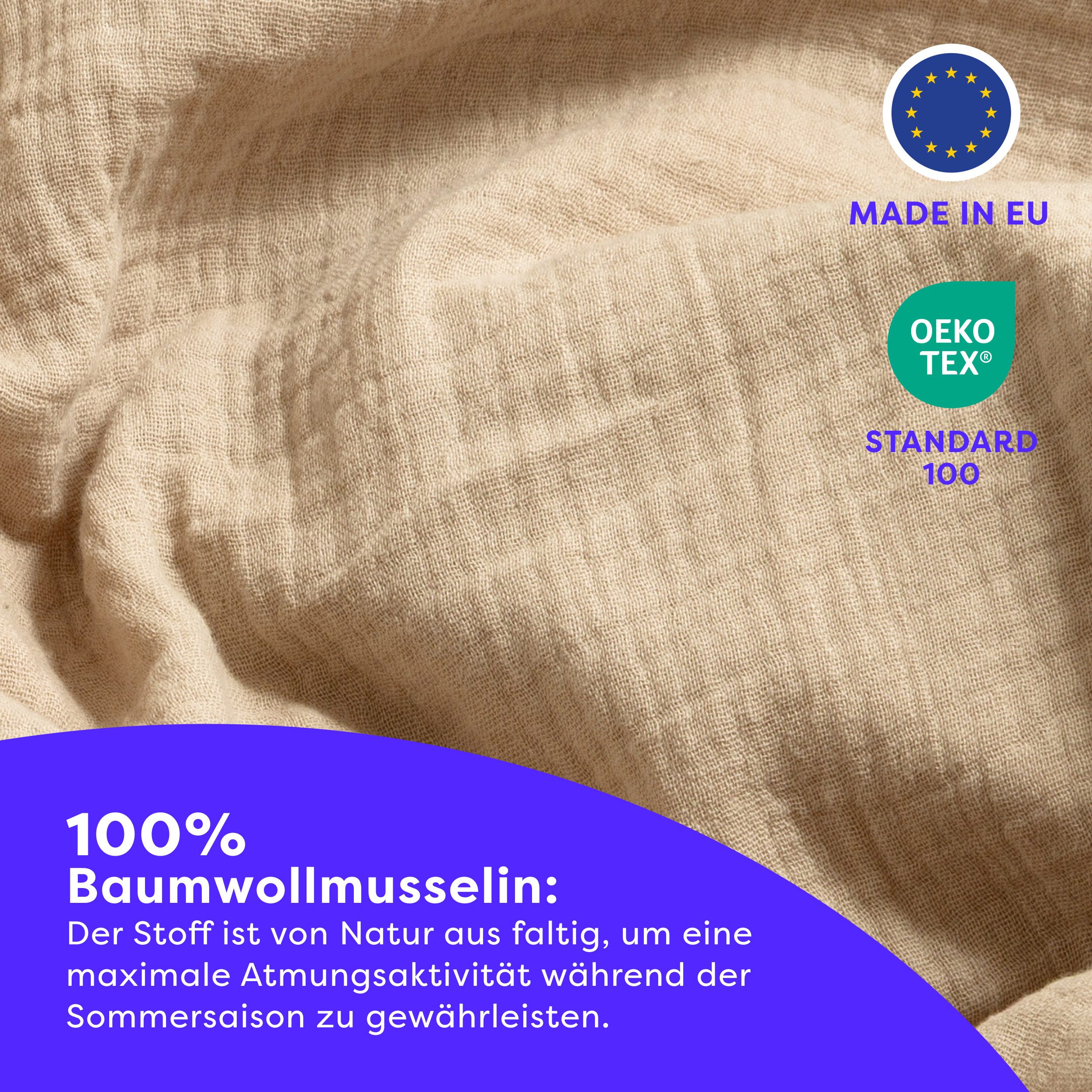 Wolkenfeld Bettwäsche Wolkenfeld Premium Musselin mit Reißverschluss, Musselin, 2 teilig, aus 100% Baumwolle – Atmungsaktiv & Weich – inkl. Kissenbezug 80x80
