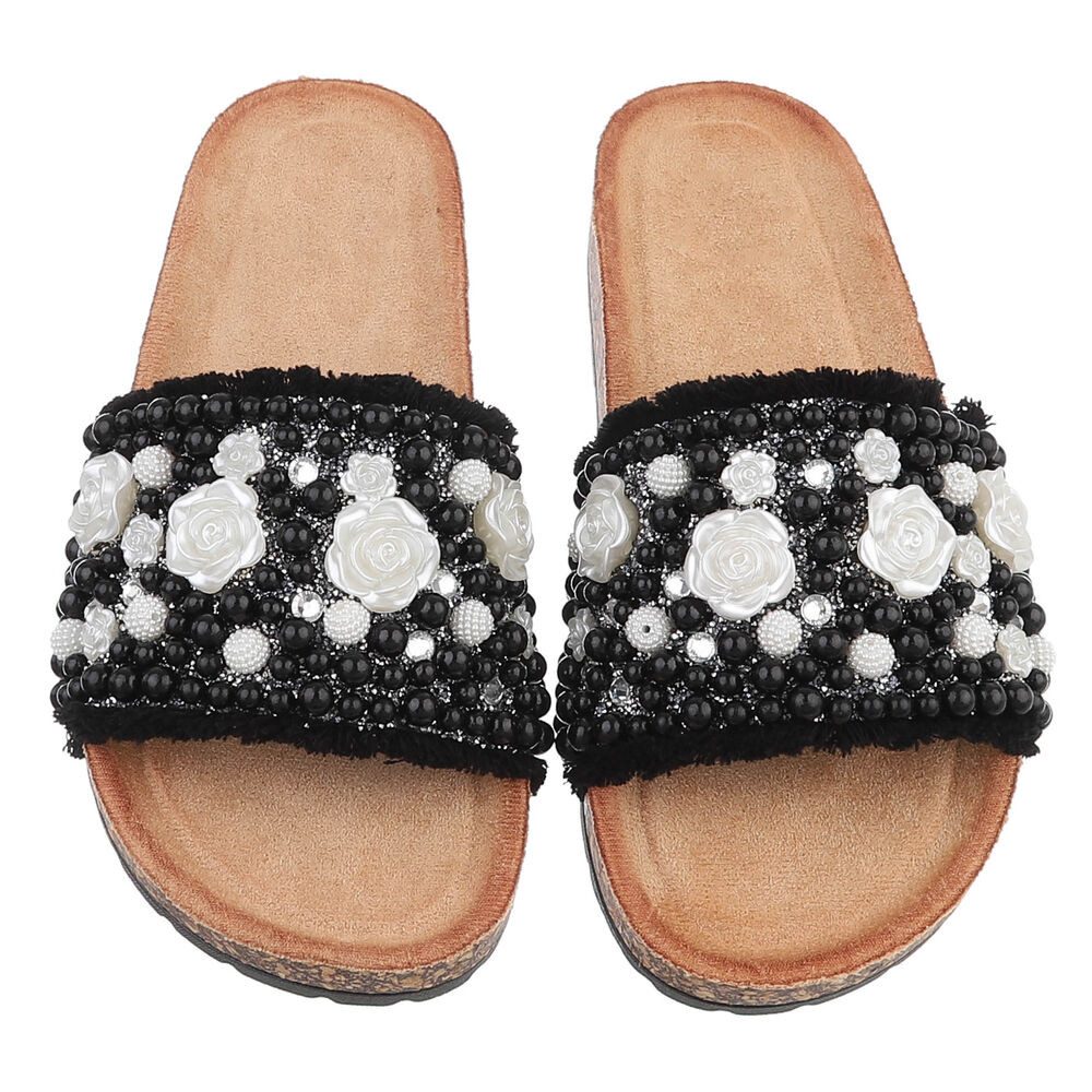 Ital-Design Feminine Damen-Sandalen mit Perlen und Blumendekor Pantolette (91512175) Flach Pantoletten in Schwarz – Bild 4 von 5