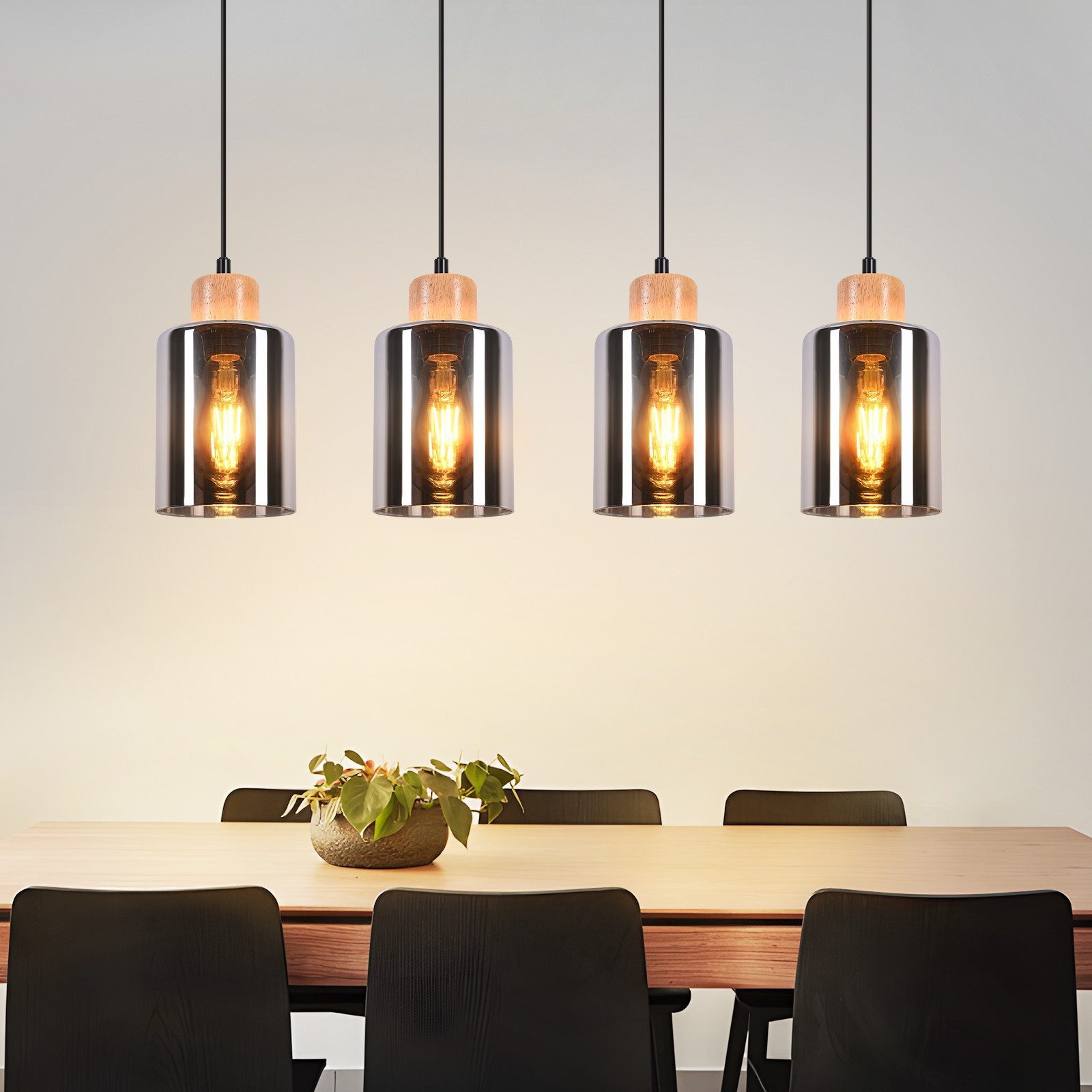 Nettlife Pendelleuchte Vintage Holz 1/3/4 flammig Industrial Hängelampe E27, Höhenverstellbar, LED wechselbar, Rauchglas Hängelampe für Küche Esszimmer Flur