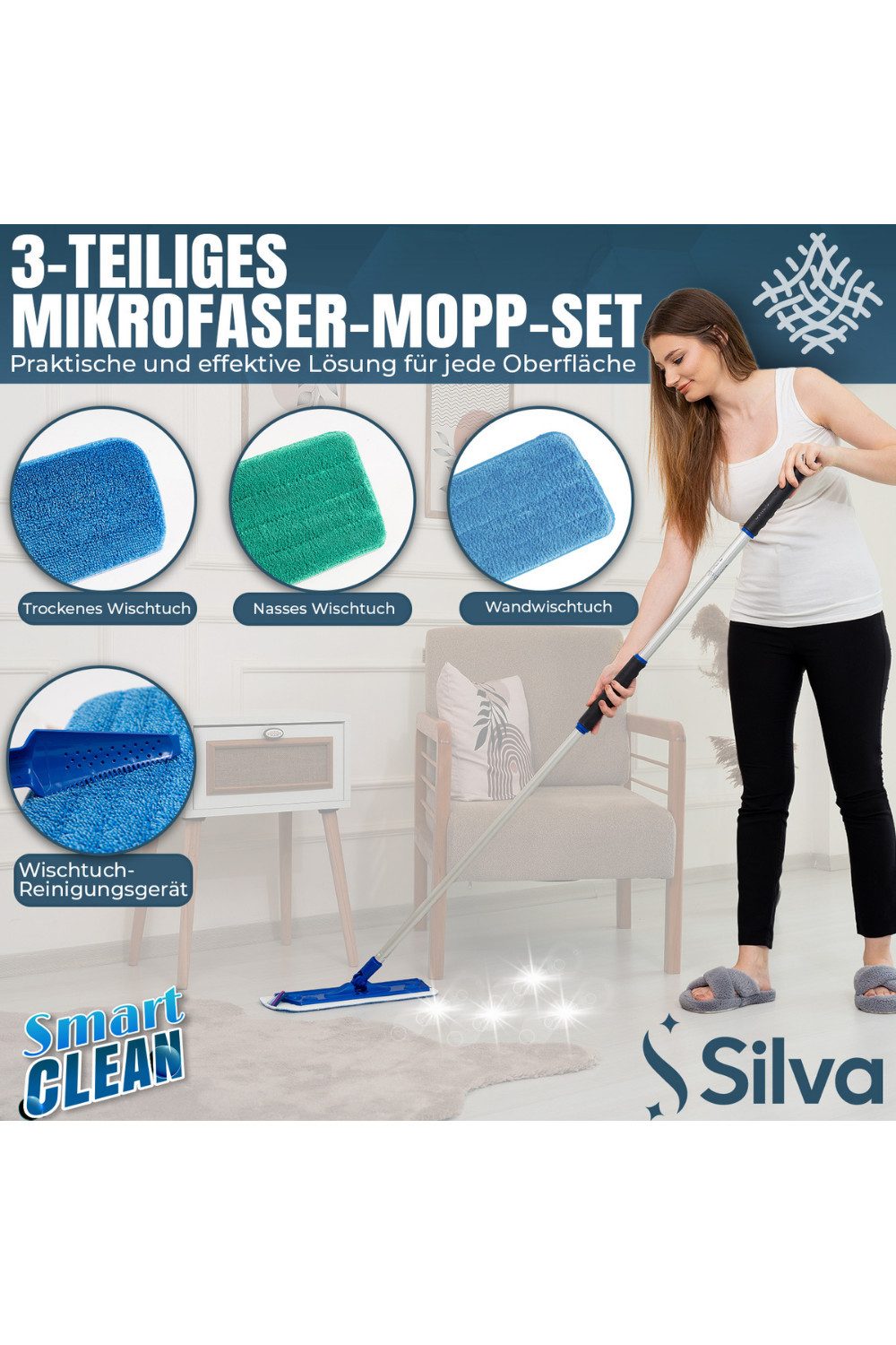 Moppland Wischmopp 2-in-1 Set zum Nasswischen und zur Wandreinigung, (Einzelgerät, 2-in-1 Set), 2-in-1 Boden- und Wandreinigung, 360° Gelenk, Stiel 85–150 cm