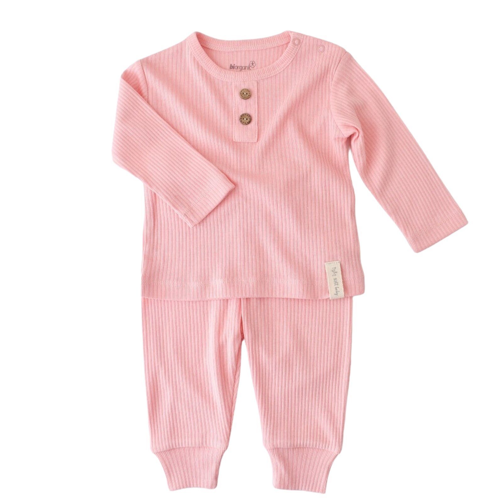 gerippte Set und Bio-Baumwolle (Pyjama-Set, biorganic Langarmshirt + Textilstruktur, Shirt Mädchen Unisex Schlafanzug Modal Baby 56-74 für Größe tlg., & 2 Jungen 50% Modal rosa 50% Hose) Hose Relax
