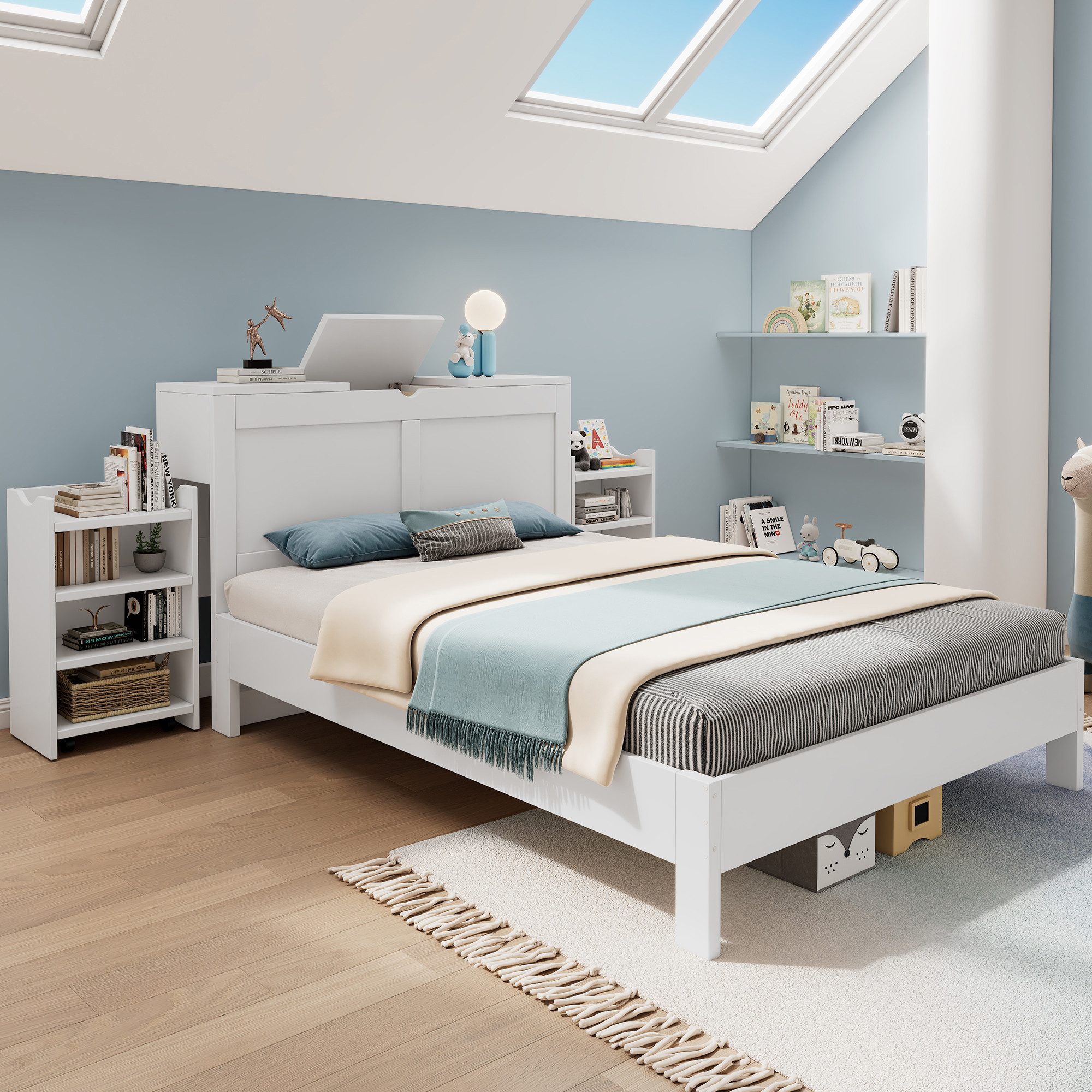 Flieks Holzbett, Doppelbett 140x200cm mit ausziehbaren Nachttischen und Sta günstig online kaufen