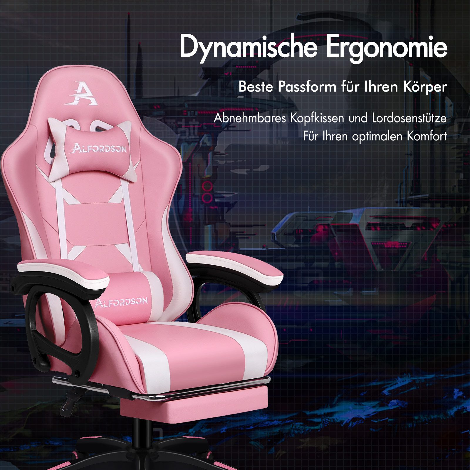 ALFORDSON Gaming-Stuhl mit Massage-Lendenkissen, X-Large, 5 Massagemodi, USB-Anschluss (1 St), Einziehbare Fußstütze, 90°-150° verstellbare Ruckenlehne , Ergono – Bild 4 von 5