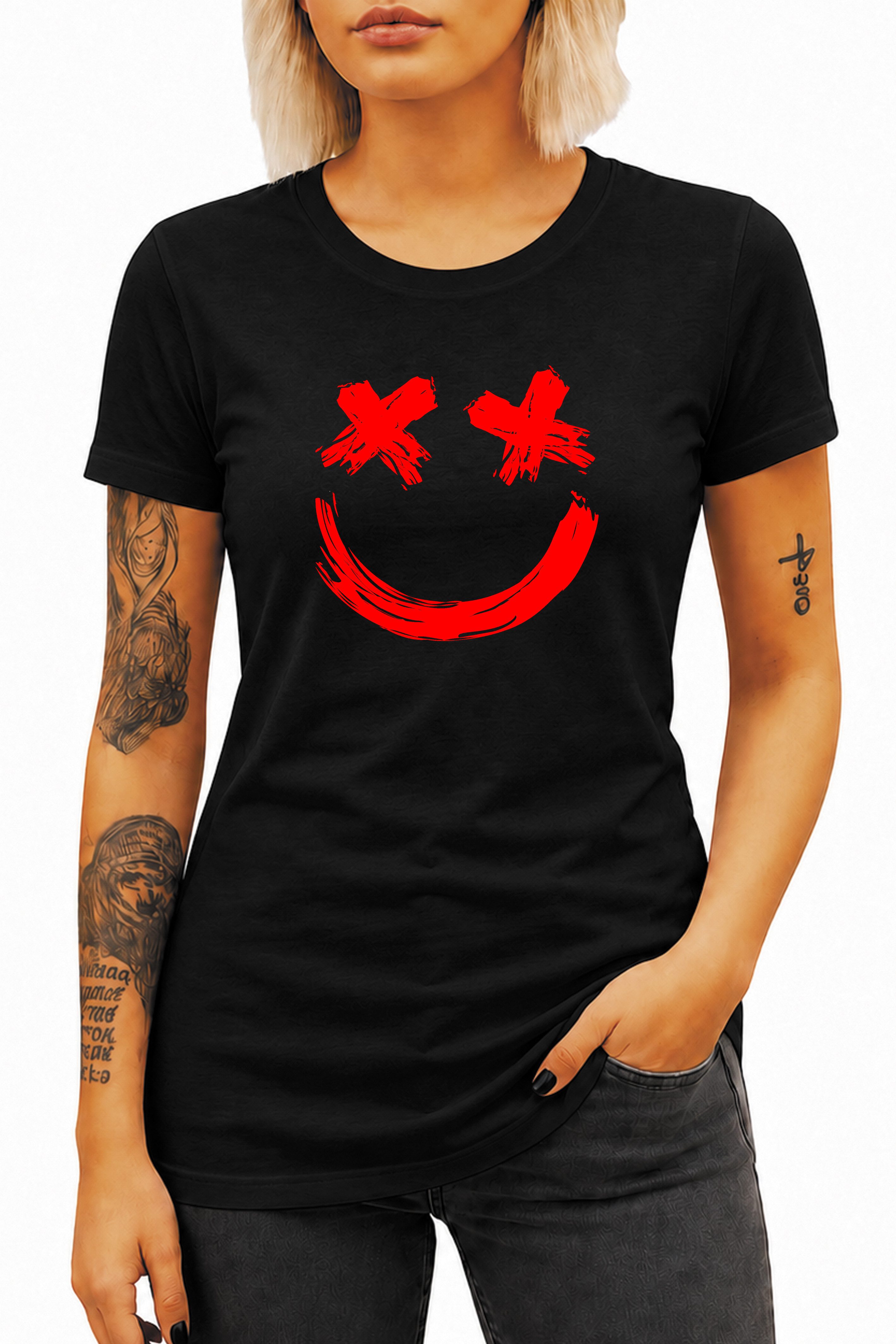 Banco T-Shirt Damen Smile X-Eyes Printshirt Rundhals Baumwolle 100% Baumwolle