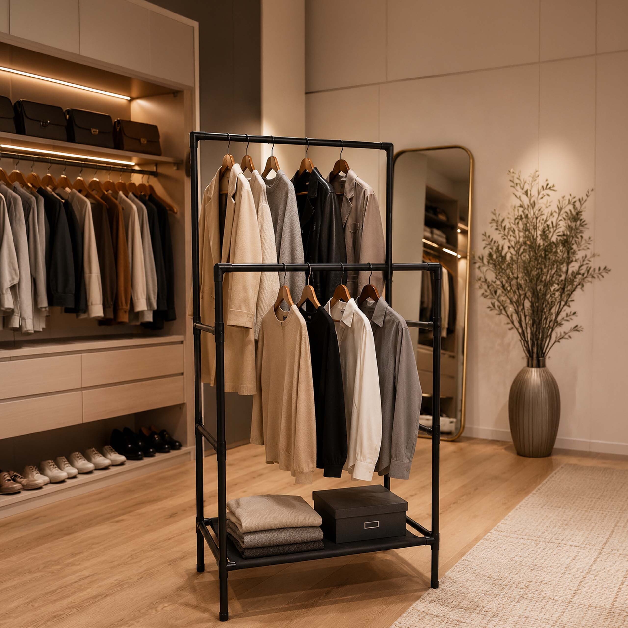 relaxdays Kleiderständer 2 Ablagen Stecksystem, schwarz