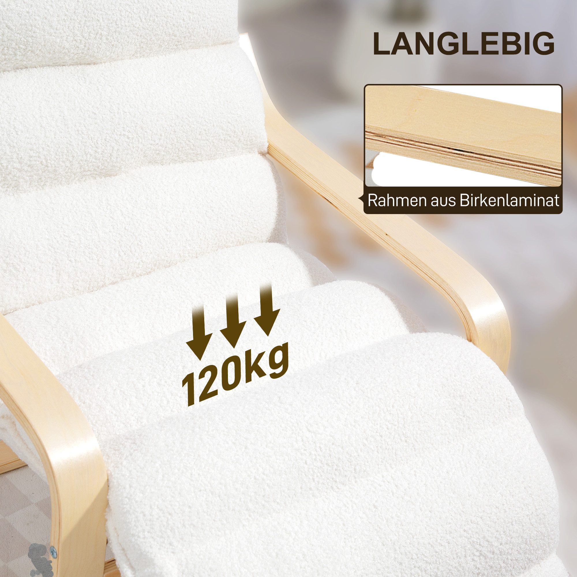 HOMCOM Relaxsessel Lounge-Sessel aus Birkenholz (gepolsterter Relaxsessel mit verstellbarer Fußstütze, 1-St., moderner Sessel für Wohnzimmer), 93-114 x 67 x 105 cm, Weiß