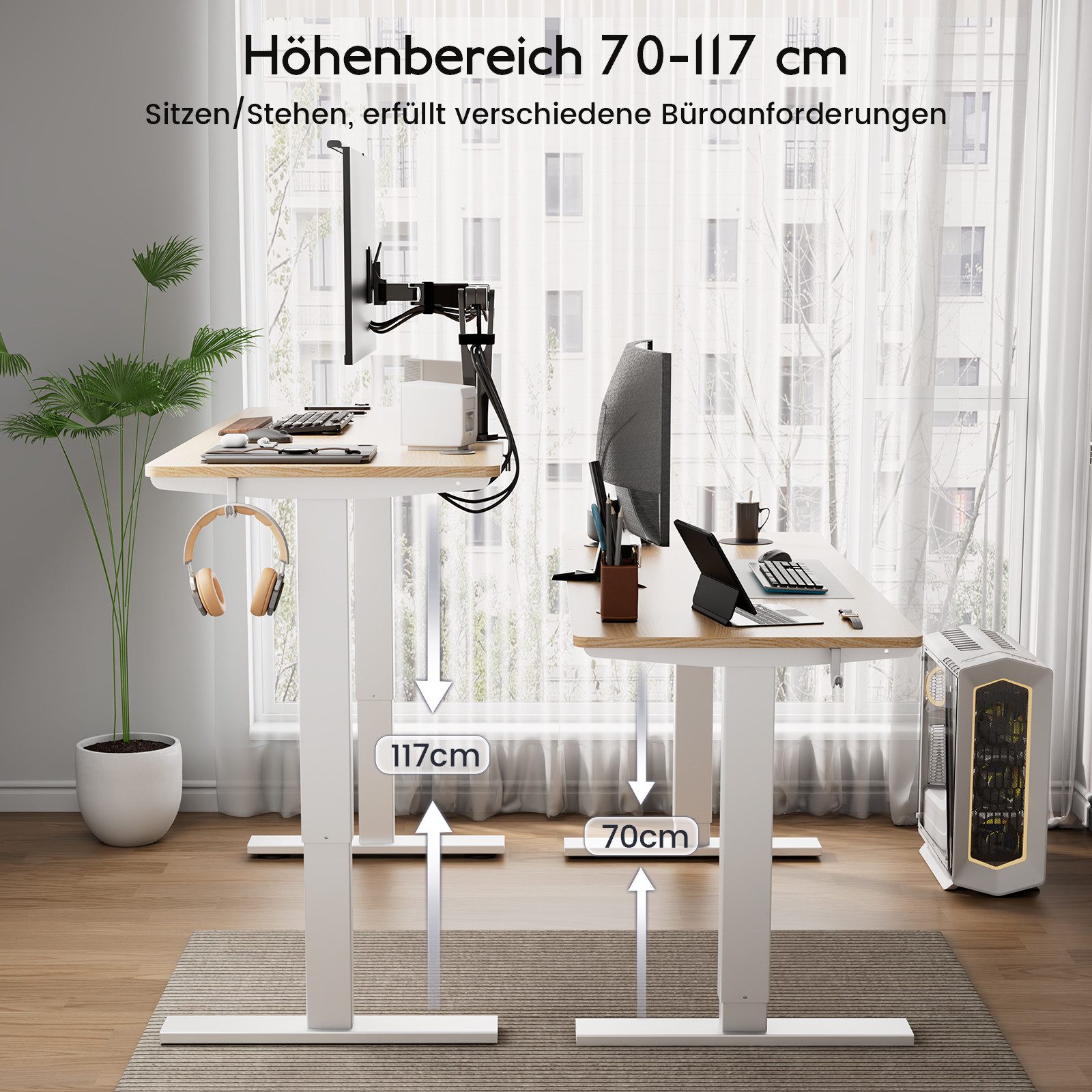 HOMAVO Schreibtisch Elektrisch höhenverstellbar mit Memory- und Sitz-/Steh-Erinnerung (Zweistufige Höhenverstellung, schnelle Montage, Intelligente Kollisionsschutzfunktion, Große Größe : 110/140*60cm 160*80 cm)