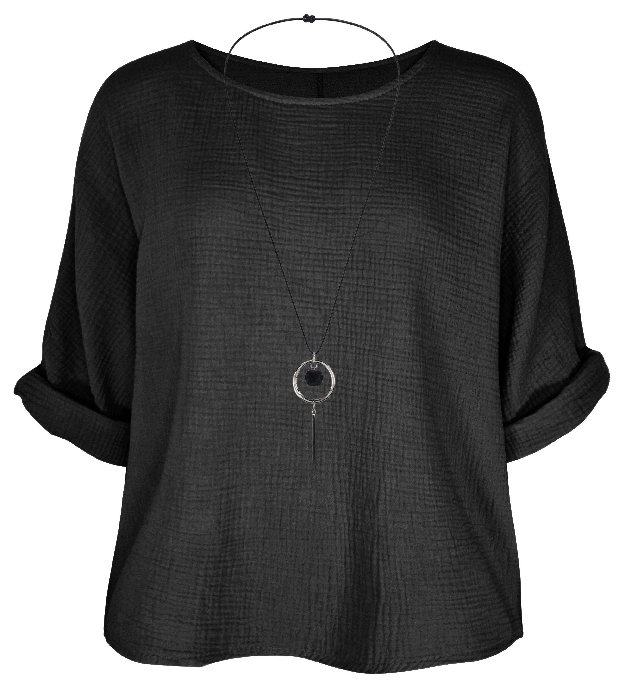 dy_mode Crinklebluse Damen Musselin Bluse Oversize Bluse Blusenshirt Oberteil Baumwolle in Unifarbe, mit passende Kette