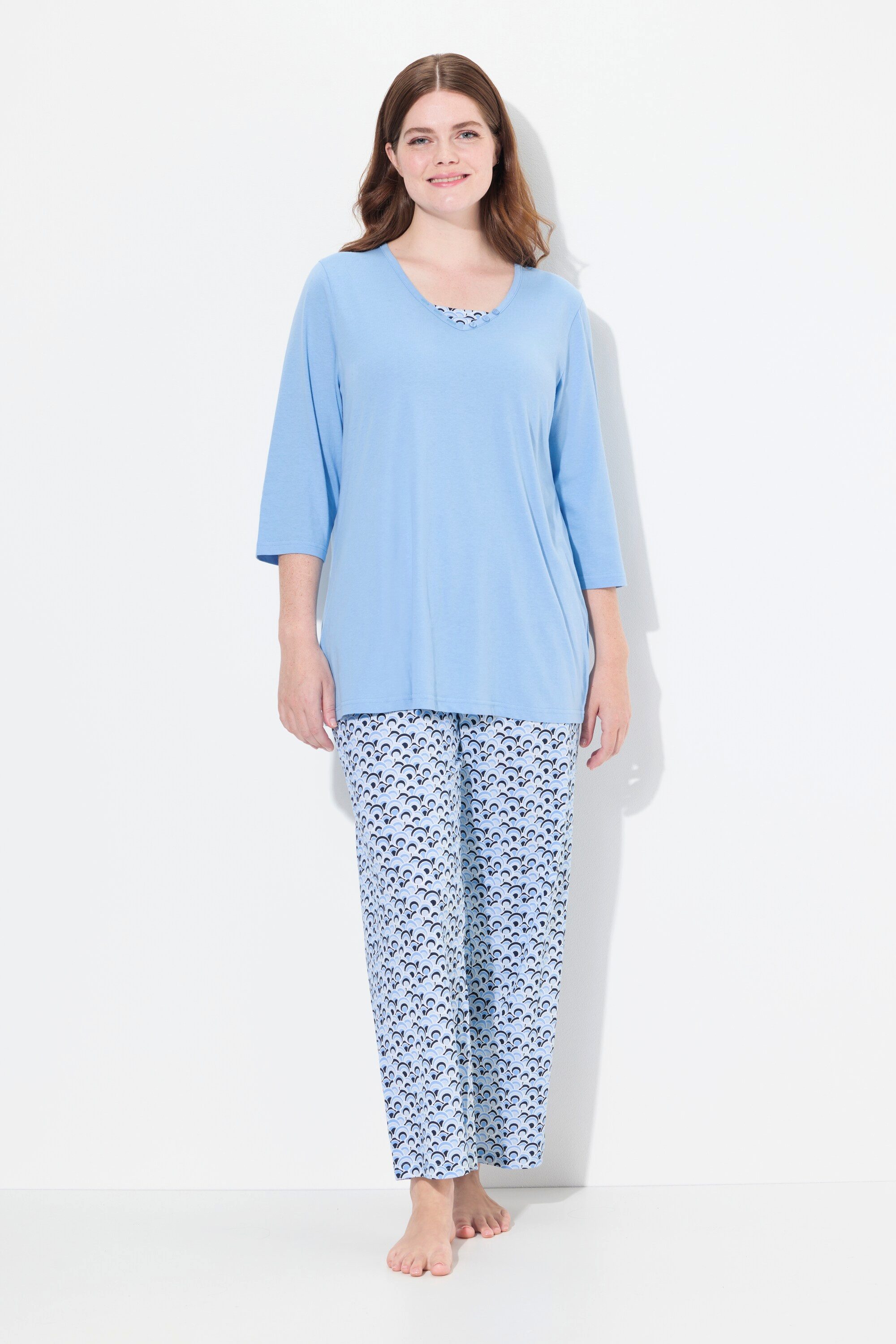 Ulla Popken Pyjama Pyjama V-Ausschnitt 3/4-Arm Taschen günstig online kaufen