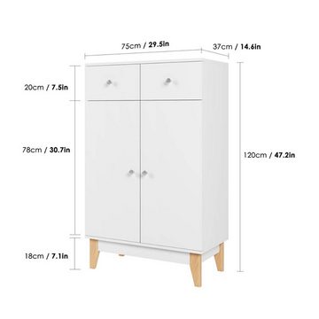 EVERY Sideboard Kommode Highboard Anrichte Küchenschrank Weiß, Breite 75 cm, 2 Schubladen, 3 Fächer, Kippschutz, 120x75x37cm