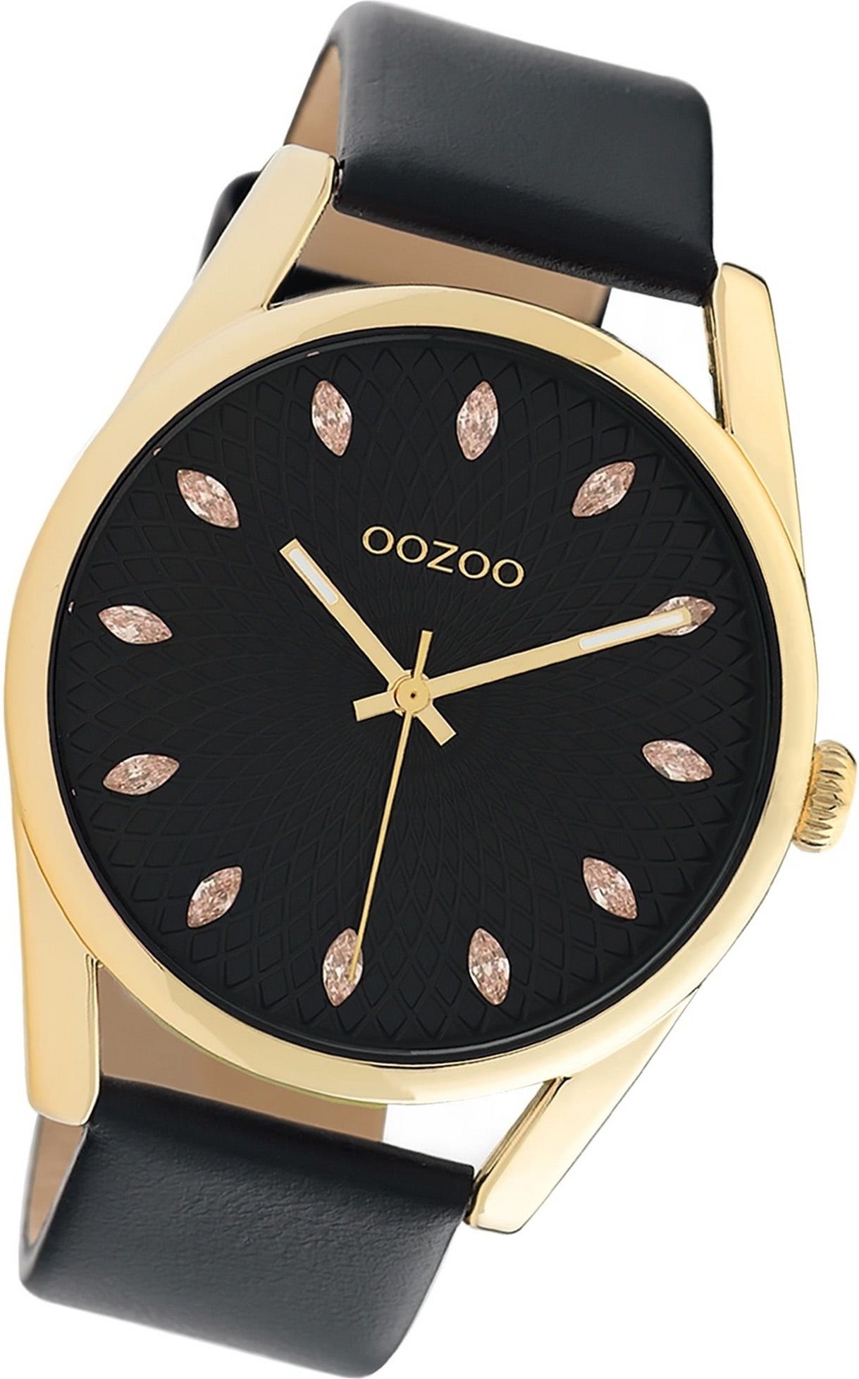 OOZOO Quarzuhr Oozoo Damen Armbanduhr Timepieces, (Analoguhr), Damenuhr Lederarmband schwarz, rundes Gehäuse, groß (ca. 45mm)