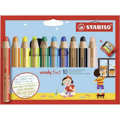 STABILO Buntstift STABILO woody 3 in 1 - Buntstifte 10er Pack mit Spitzer Wasserfarbe &