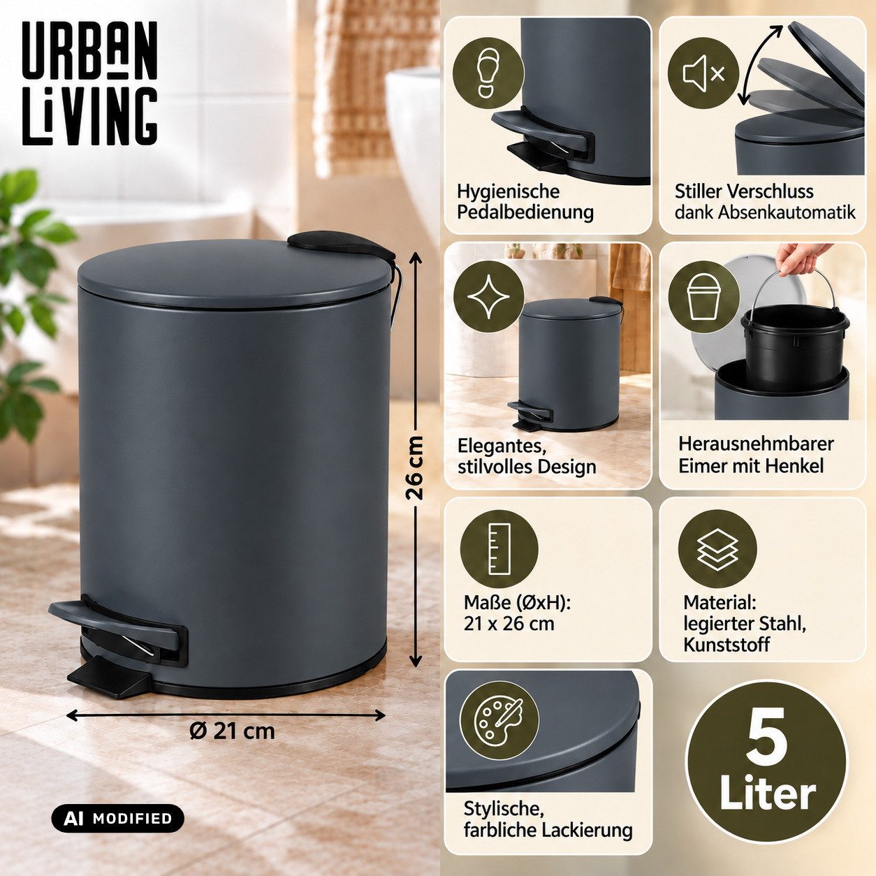 Urban Living Kosmetikeimer 5 Liter Badeimer Tret-Mülleimer Abfalleimer Tretpedeal Tretmülleimer, Absenkautomatik, Hygienische Pedalbedienung – Bild 2 von 4