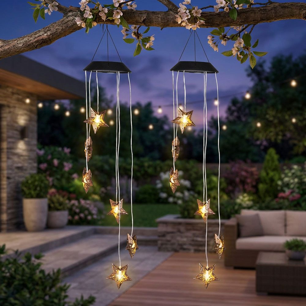 Haushalt International LED Dekolicht, LED-Leuchtmittel fest verbaut, Warmweiß, LED Solar Windspiel Hängeleuchte Garten Außen Sterne H 70 cm 2er Set