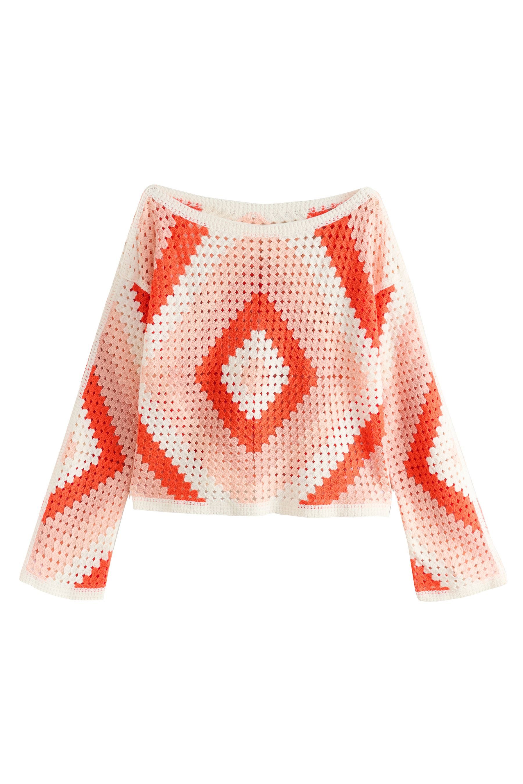 Strickpullover Baumwoll-Häkelpullover mit offenem Ausschnitt