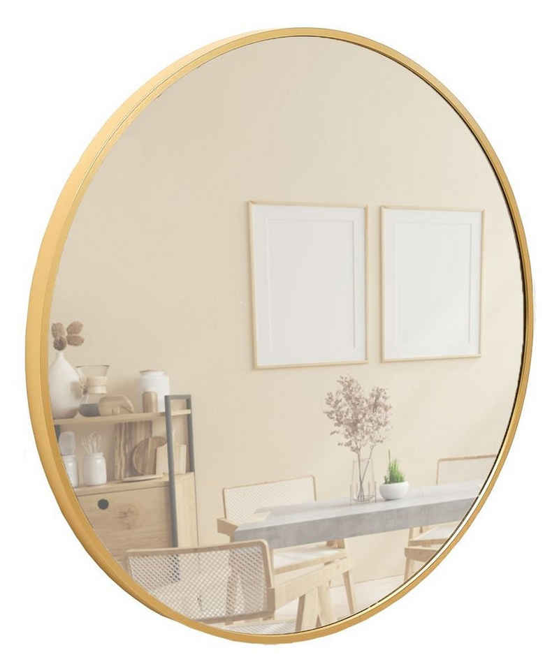 Terra Home Wandspiegel Spiegel rund 60x60 Schminkspiegel Metallrahmen, Badezimmerspiegel Flurspiegel gold