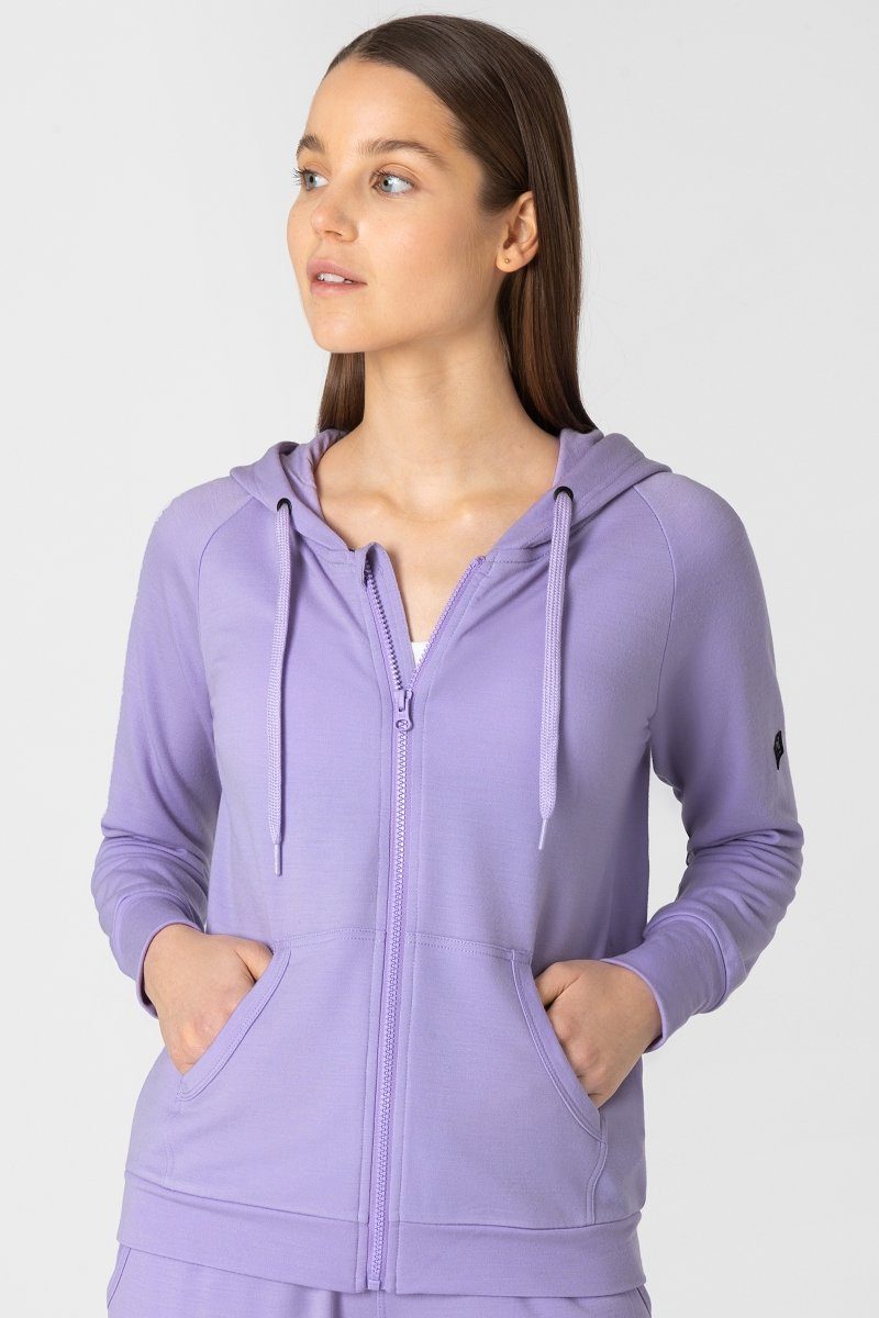 SUPER.NATURAL Sweatjacke Merino ZIP HOODIE optimaler W Hoodie Merino-Materialmix ESSENTIAL Lavender