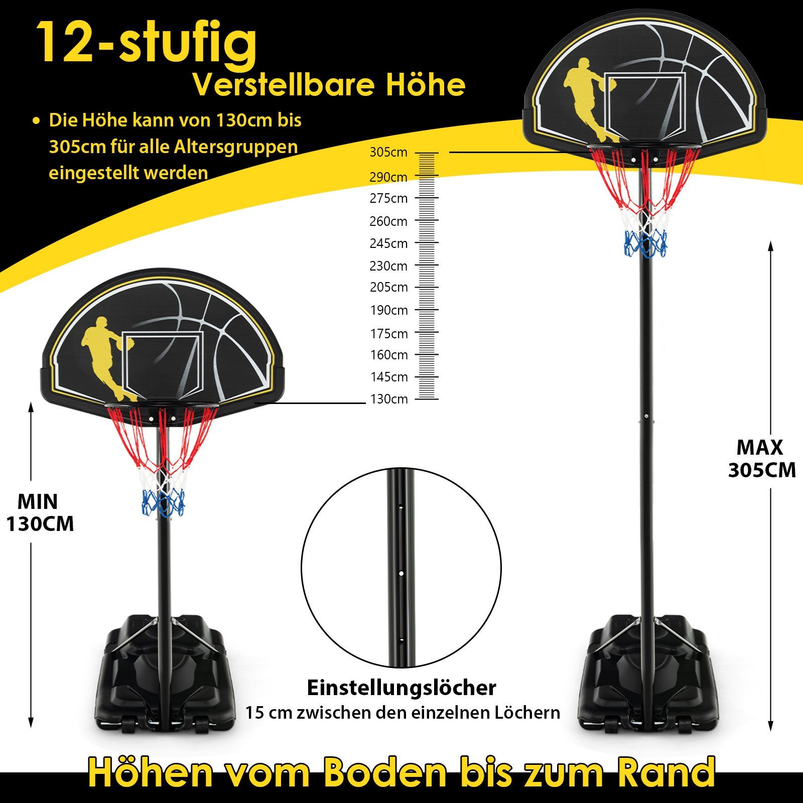 inkl. 130-305cm COSTWAY Netzen höhenverstellbar, Basketballständer, 2