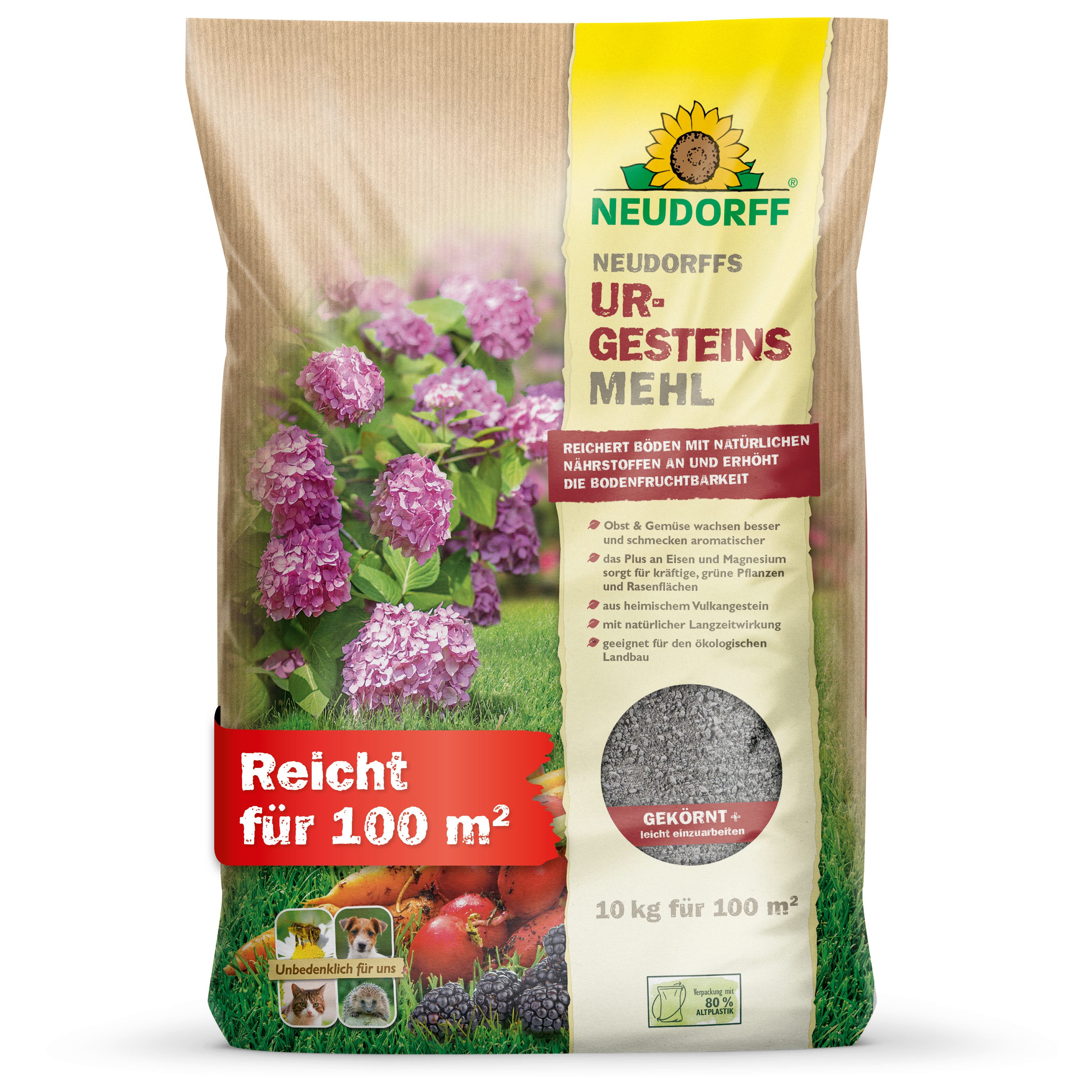 Neudorff Bodenverbesserer UrgesteinsMehl 10 kg, Zur Remineralisierung und Verbesserung ausgelaugter Böden, Bodenhilfsstoff für Garten, Rasen & Kompost bis 100 m², Füllt den Mineralstoff- & Spurenelementespeicher des Bodens auf