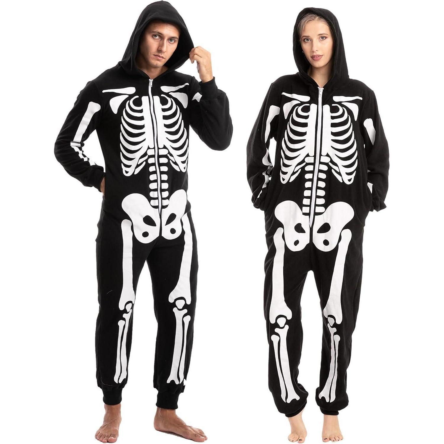 Partyanzug Halloween Skelett Onesie Pyjama Erwachsene Plüsch Jumpsuit Schwarz XL