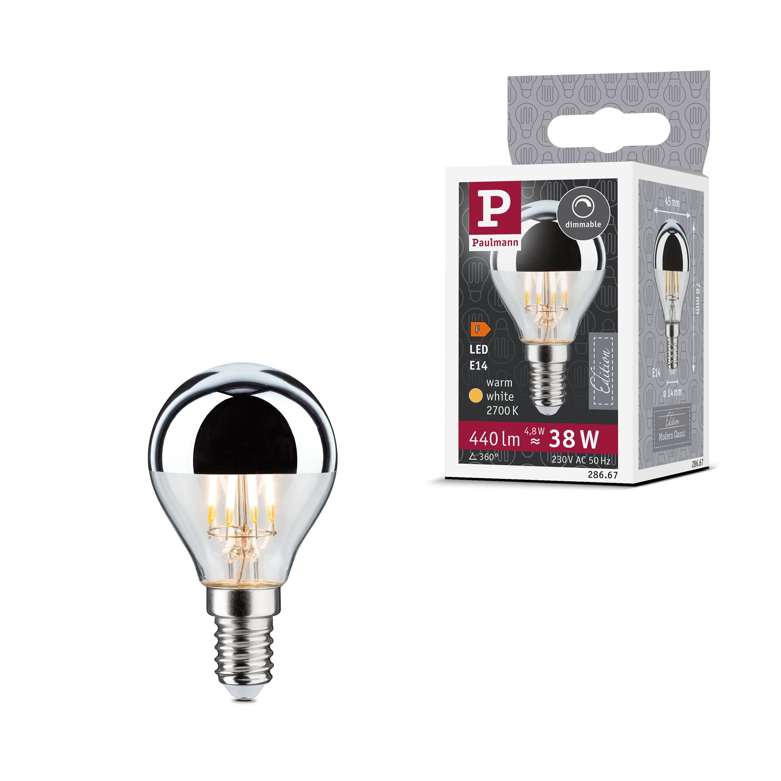 Paulmann LED-Leuchtmittel Tropfen Kopfspiegel 440lm 2700K 4,8W silber dim 230V, E14, 1 St., Warmweiß