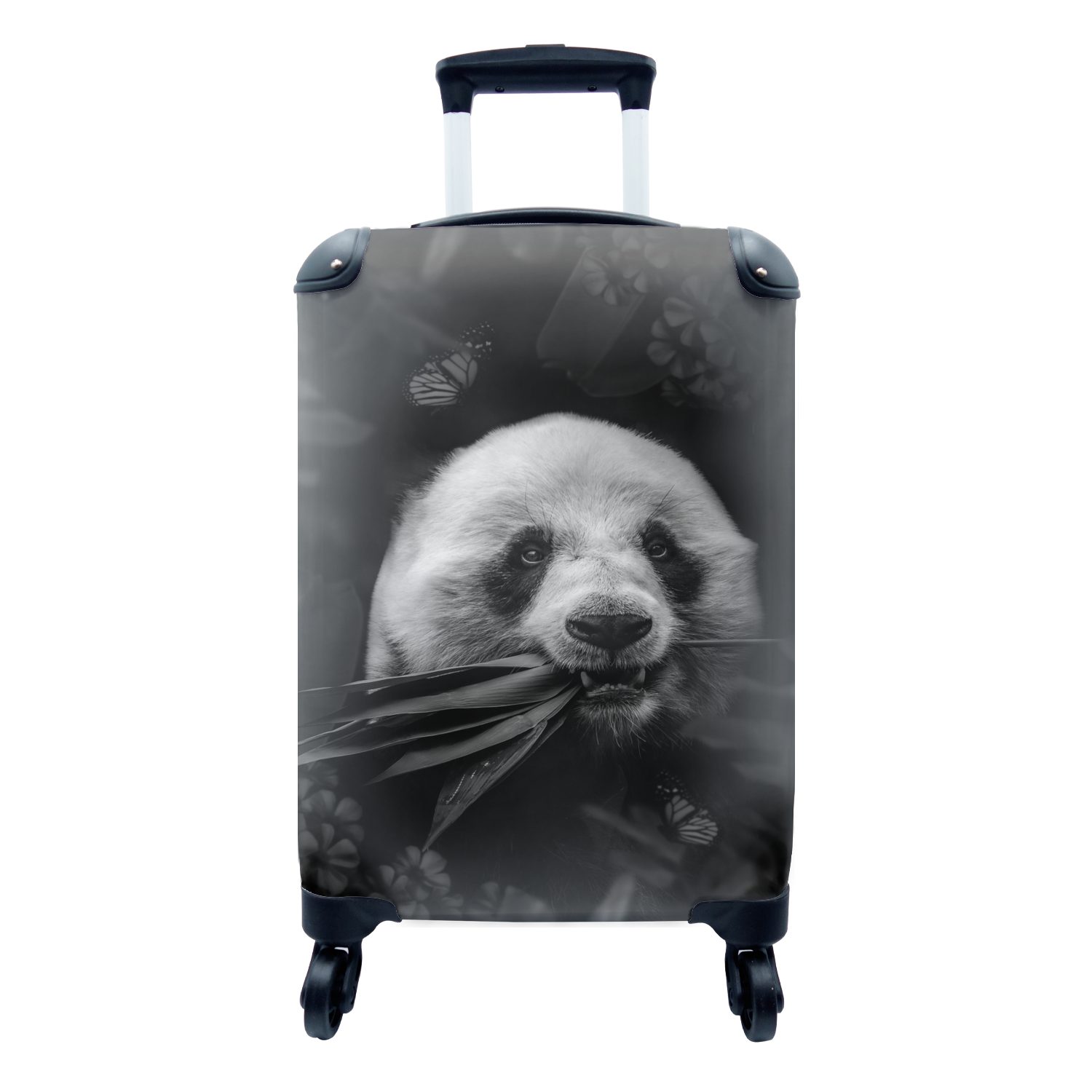 MuchoWow Handgepäckkoffer Panda frisst Dschungel Handgepäck - für mit Trolley, Reisekoffer Blätter Rollen, schwarz Ferien, rollen, weiß, und im 4 Reisetasche