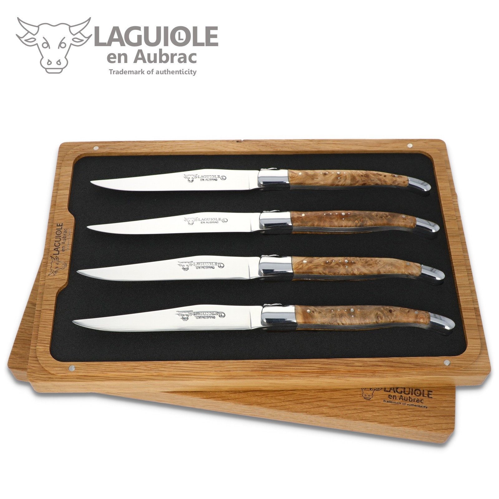 Laguiole en Aubrac Steakmesser 42C99TYIH BRI 4er Set - Griff Linde - Backen glänzend - Klinge glänzend - Holzbox
