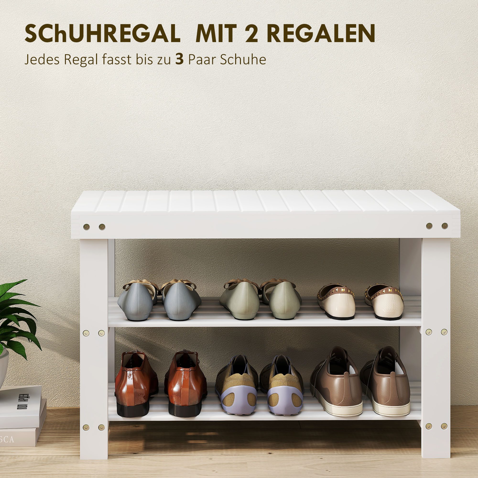 HOMCOM Schuhbank Sitzfläche und Stauraum, 2 Ablagen Flurbank für Wohnzimmer (Schuhregal aus Bambus, 1-St., Sitzbank), für Flur, Eingangsbereich, 70 x 28 x 45 cm – Bild 4 von 5