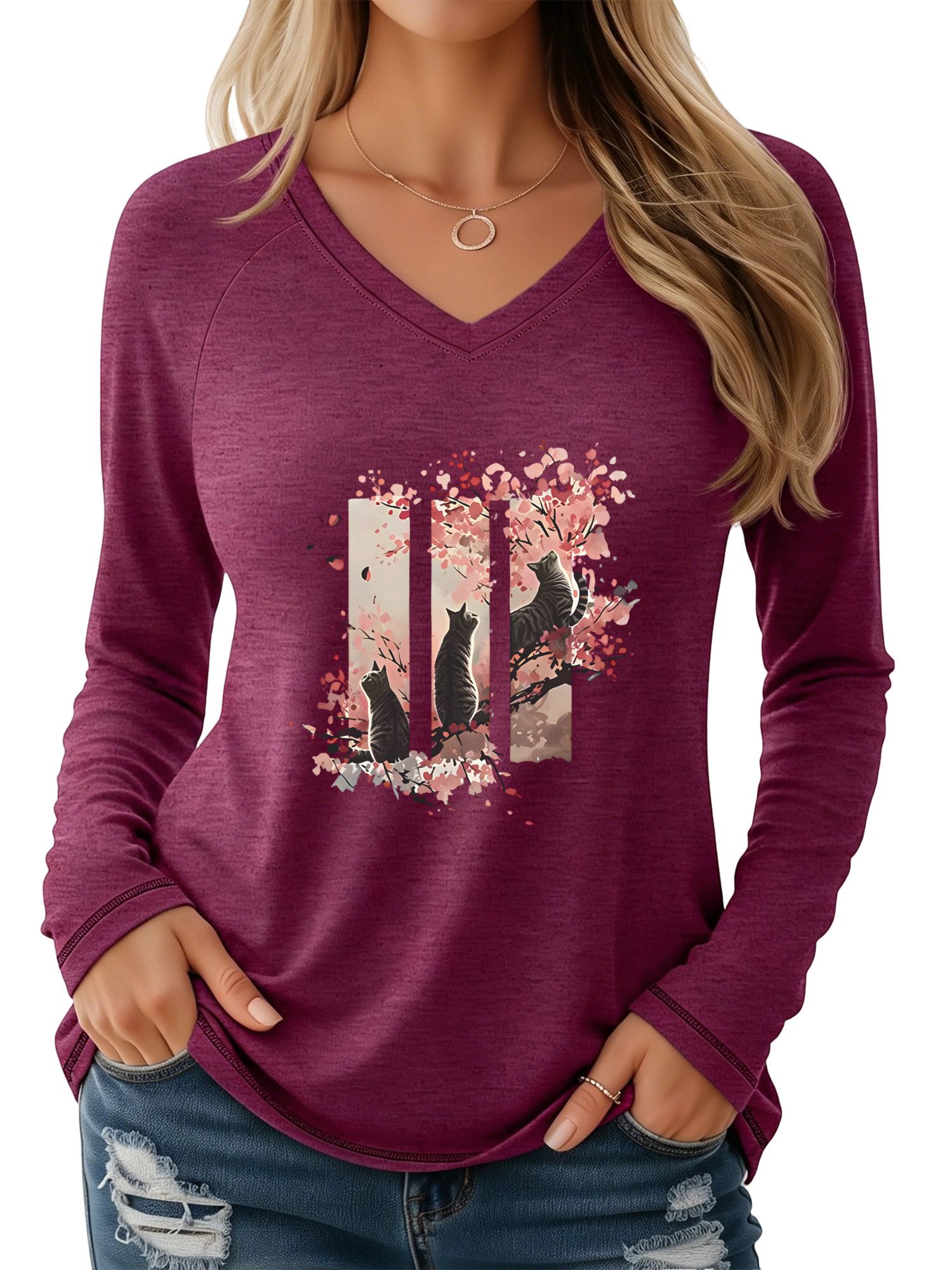 PYLIKE Langarmshirt Damen Herbst bequemes Casual Basic V-Shirt mit Langarm Basic-Shirts Geeignet für den täglichen Gebrauch im Büro und zu Hause