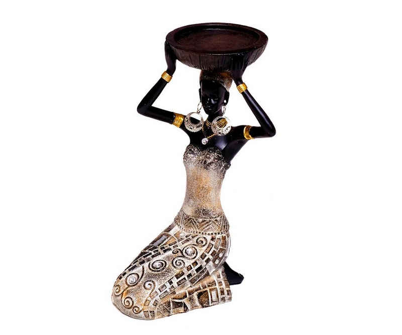 Brillibrum Teelichthalter mit Tablett Dekofigur Afrikanerin mit Schale Teelichthalter Kerzenhalter Figur Modell Afrika kniend Massai Zulu Frau Mädchen Teelicht Bonbon Schmuck Neu